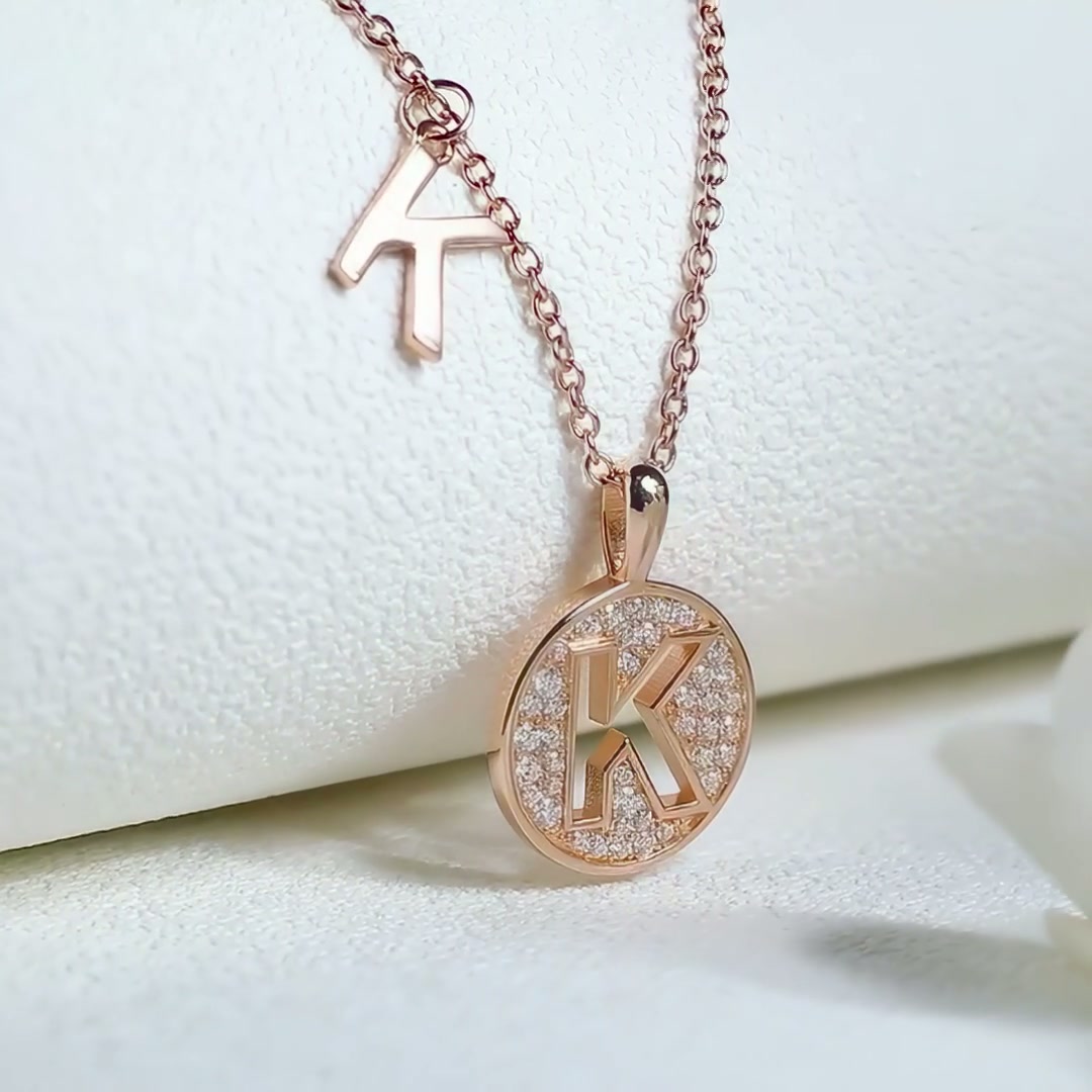 Initial K Moissanite Necklace | 925 Sterling Silver Rose Gold Plated Pendant product video thumbnail