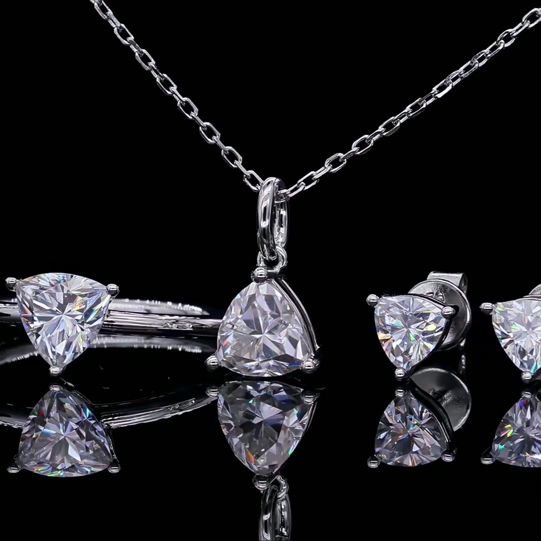 Triangle Moissanite Jewelry Set | Geometric D Color 1.5ct Necklace Earrings 925 Silver product video thumbnail