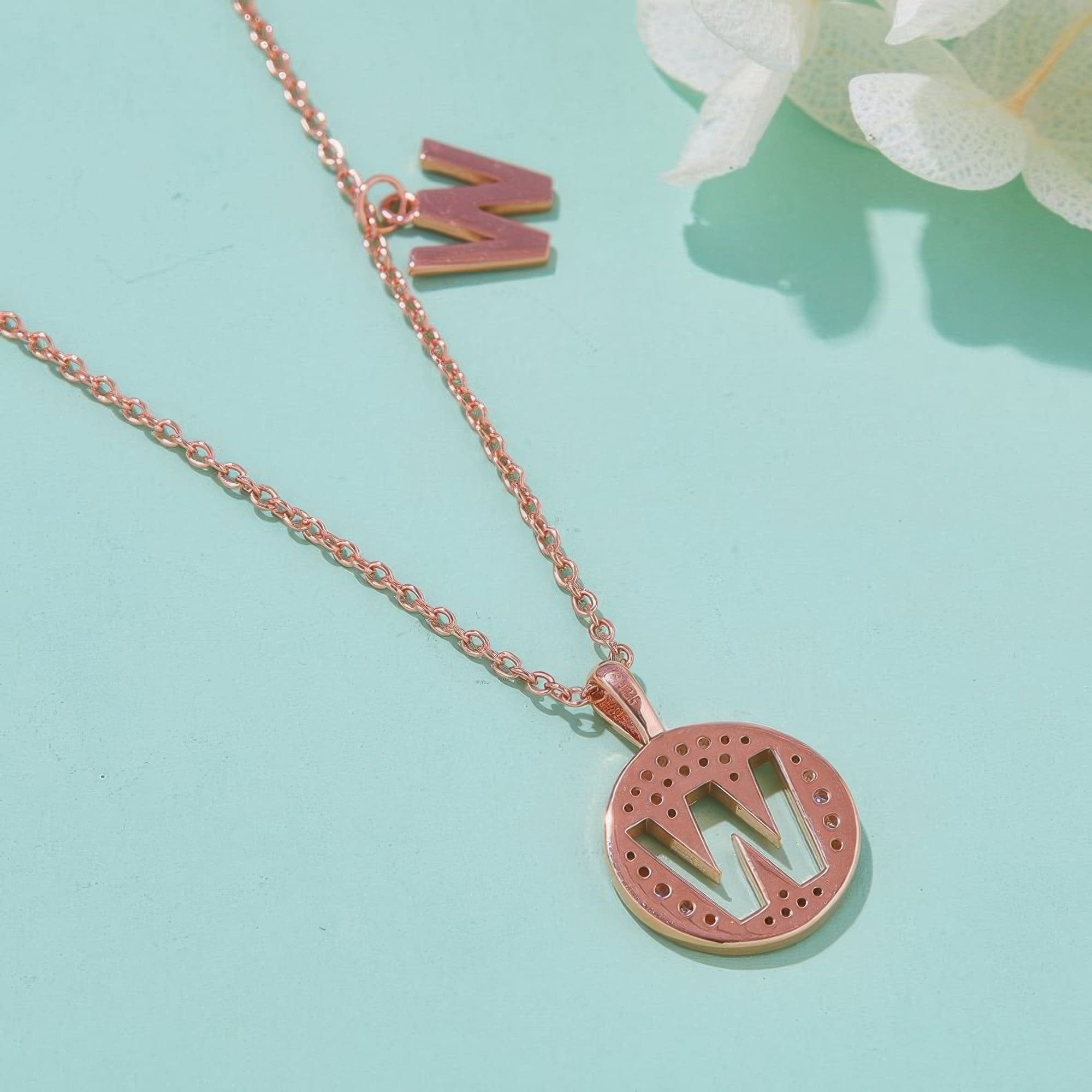 Initial W Moissanite Pendant Necklace | Rose Gold Plated 925 Sterling Silver - Image 3