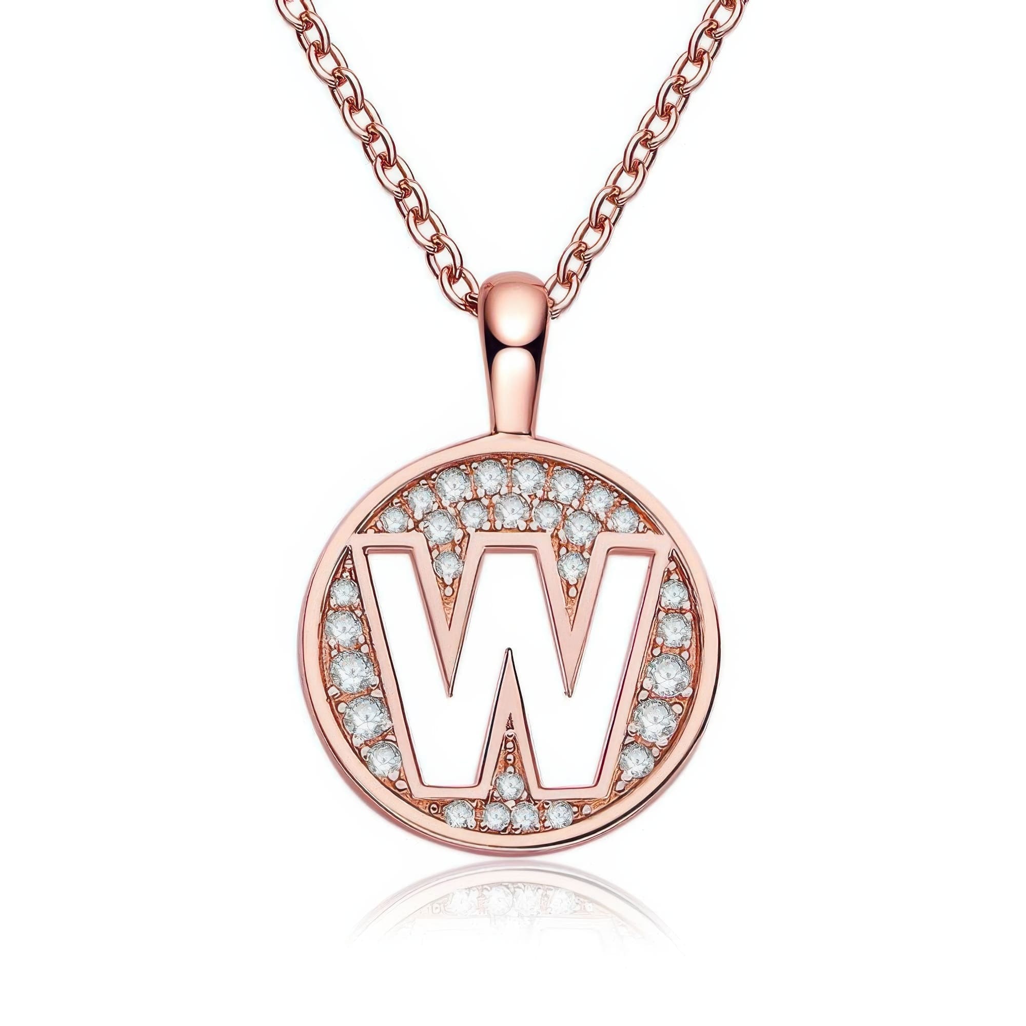 Initial W Moissanite Pendant Necklace | Rose Gold Plated 925 Sterling Silver