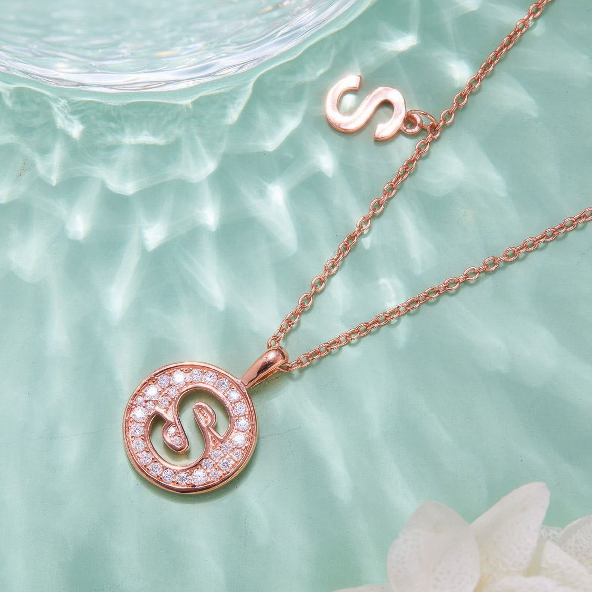 Initial S Moissanite Pendant Necklace | Dainty Rose Gold Letter Necklace - Image 2