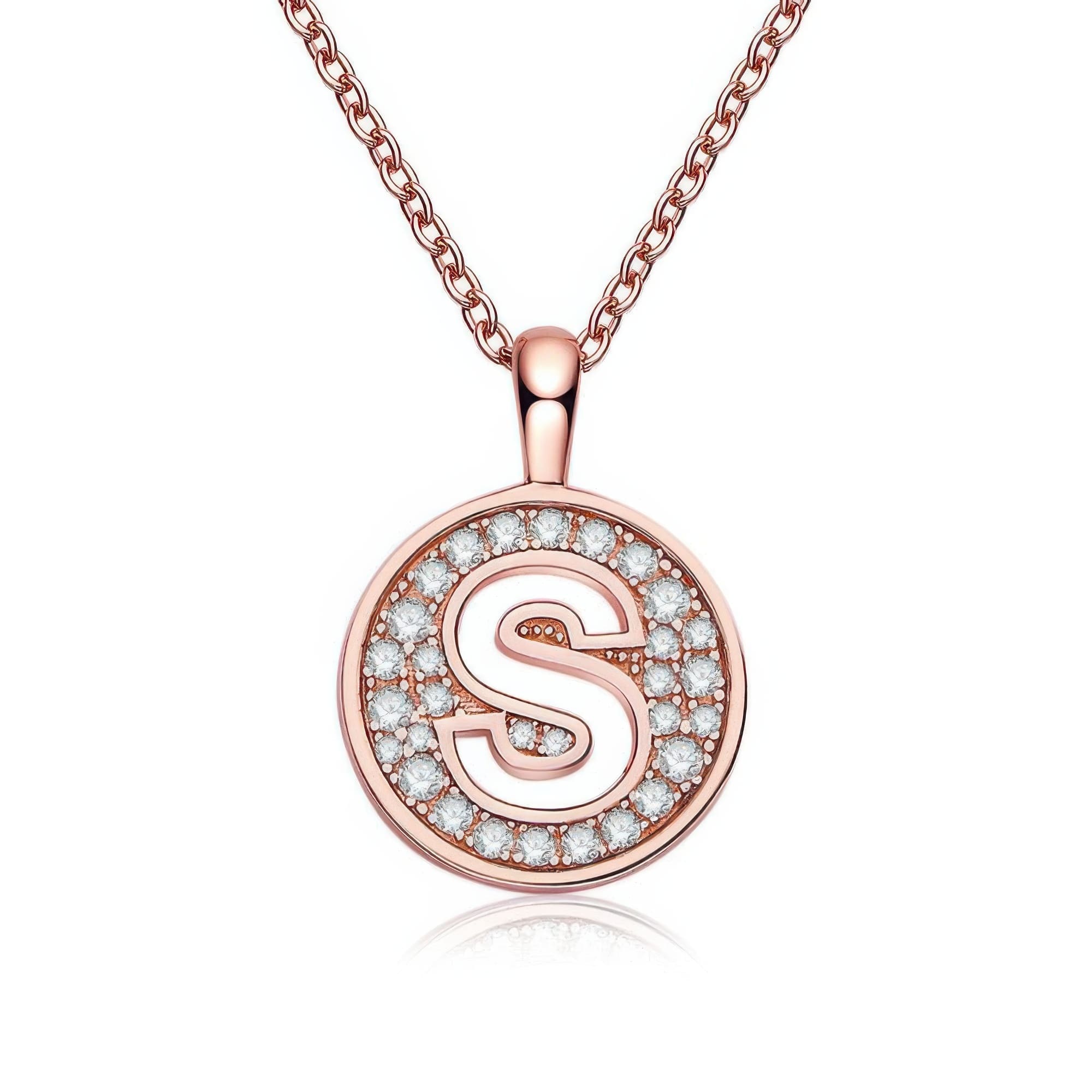 Initial S Moissanite Pendant Necklace | Dainty Rose Gold Letter Necklace