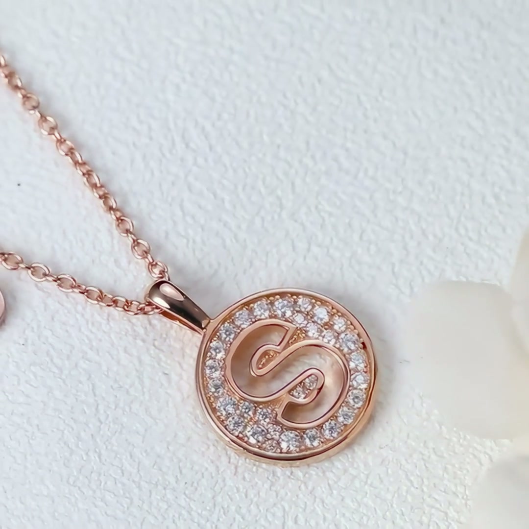 Initial S Moissanite Pendant Necklace | Dainty Rose Gold Letter Necklace product video thumbnail
