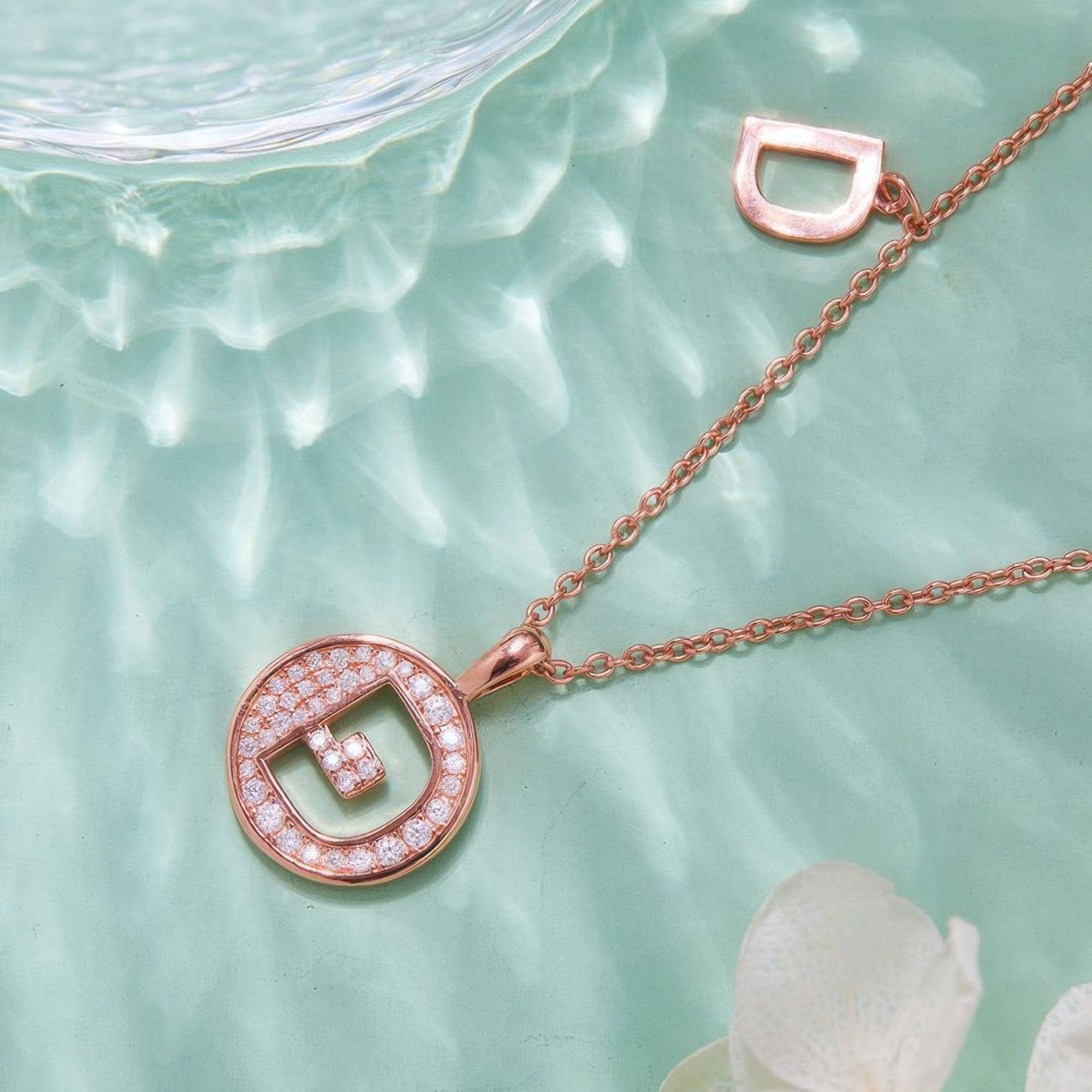 Initial D Moissanite Pendant Necklace | Rose Gold Plated Alphabet Charm - alternate view