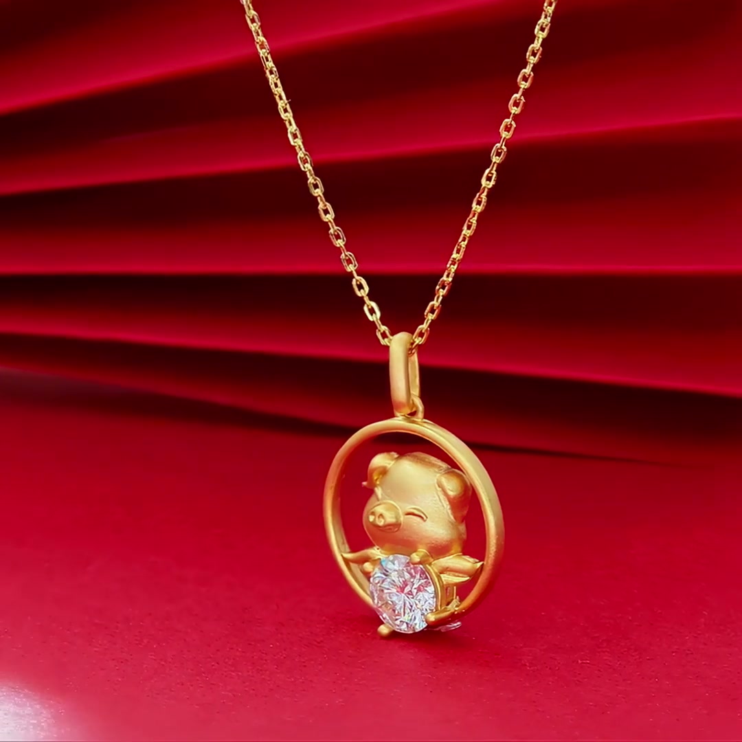 Chinese Zodiac Pig Moissanite Necklace | 22K Gold Plated 925 Silver | 1ct Moissanite Pendant product video thumbnail