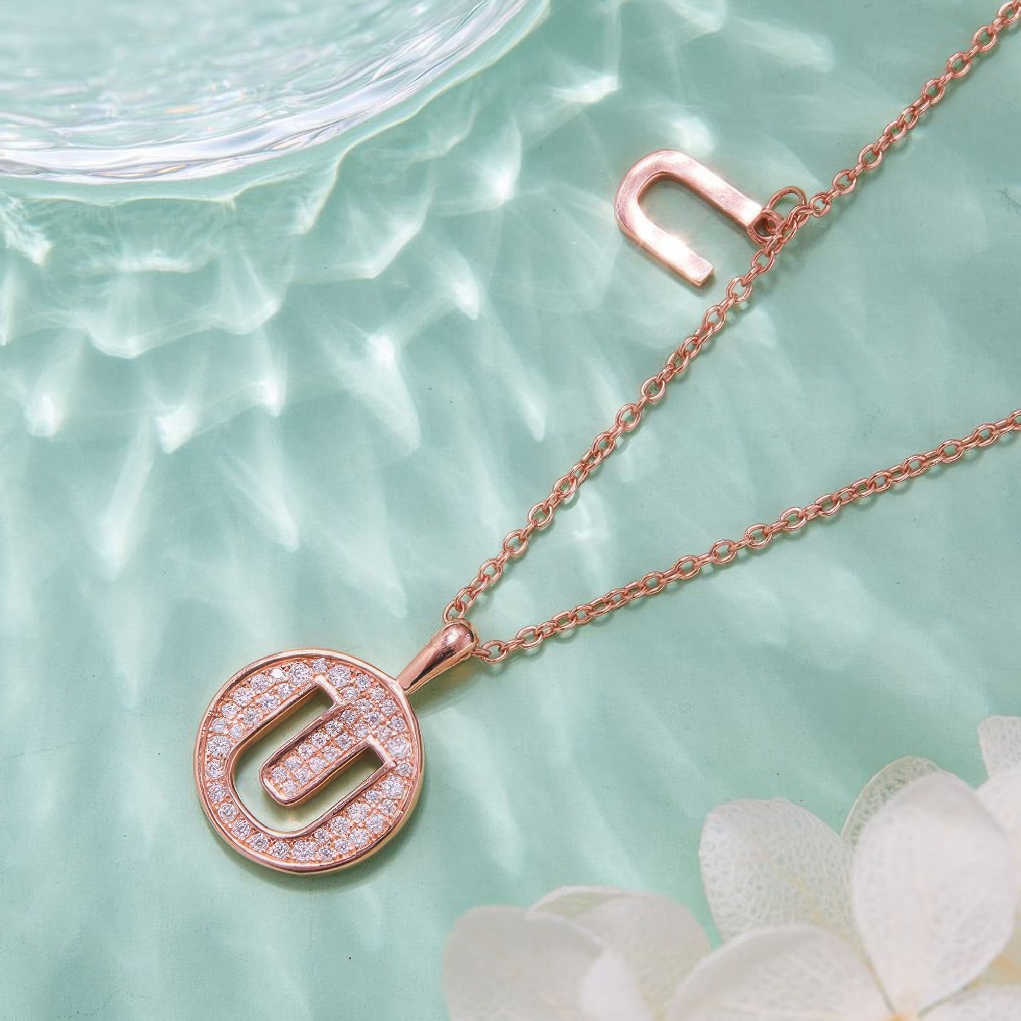 Initial U Moissanite Necklace | Dainty Rose Gold Initial Pendant | Minimalist Alphabet Jewelry - alternate view