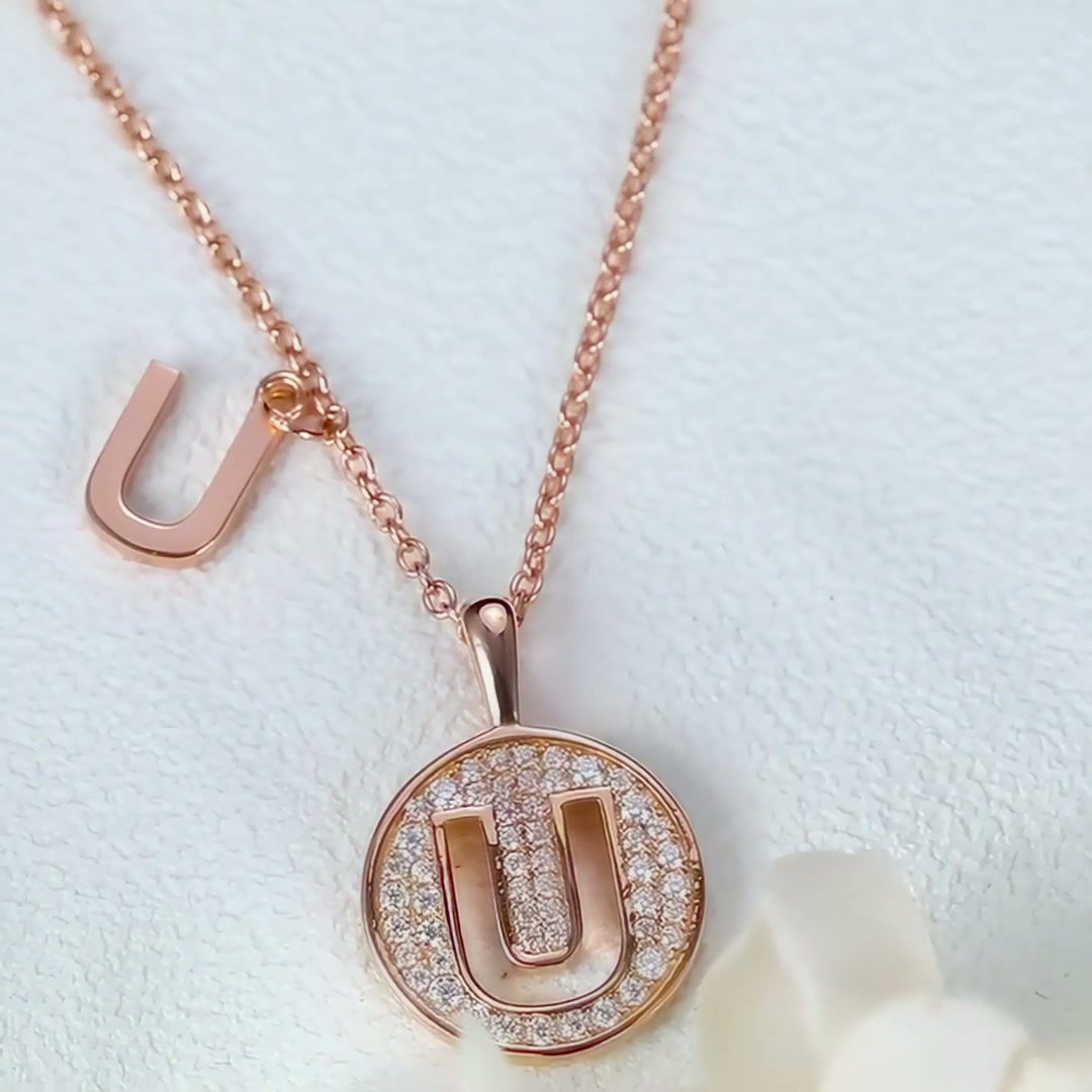 Initial U Moissanite Necklace | Dainty Rose Gold Initial Pendant | Minimalist Alphabet Jewelry product video thumbnail