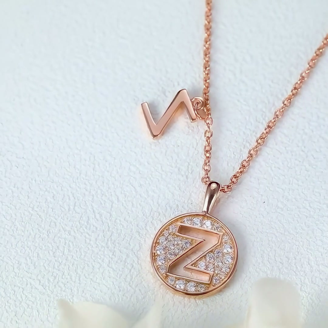 Initial Z Moissanite Necklace | Dainty Rose Gold Letter Pendant | Moissanite Accent product video thumbnail