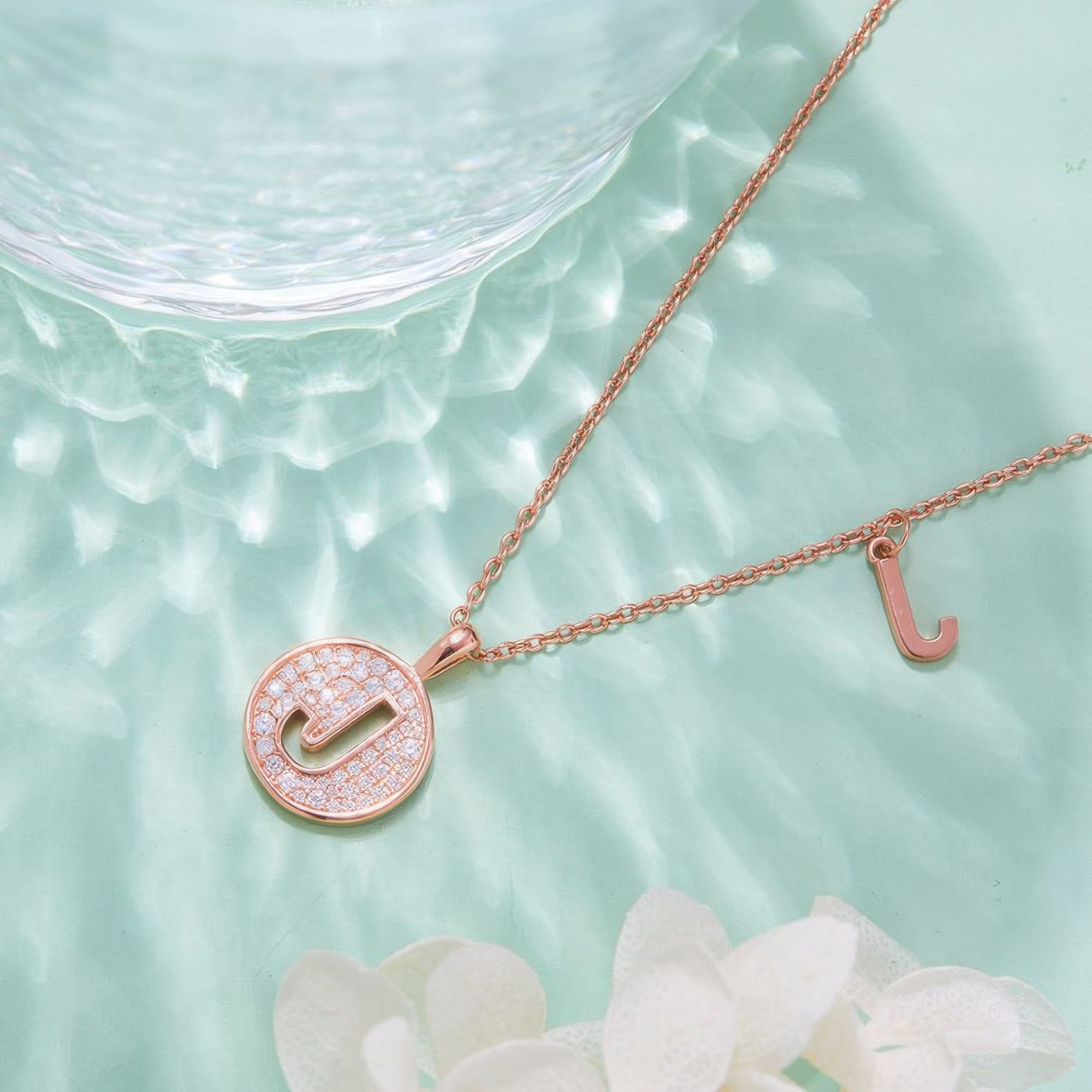 Initial I Moissanite Pendant Necklace | Rose Gold Plated Collarbone Chain - alternate view