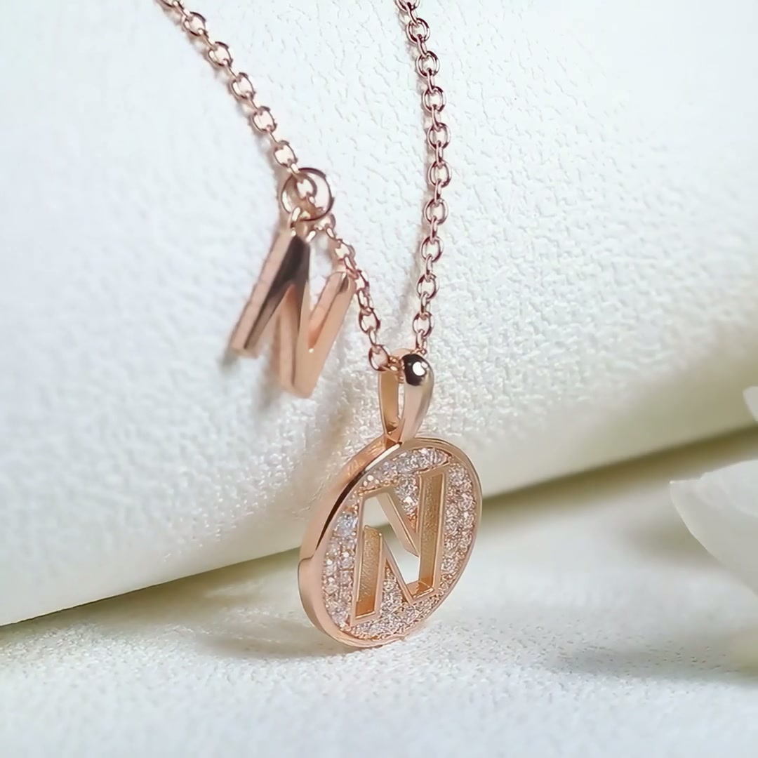 Initial N Moissanite Necklace | Rose Gold Plated 925 Silver | Alphabet Pendant product video thumbnail