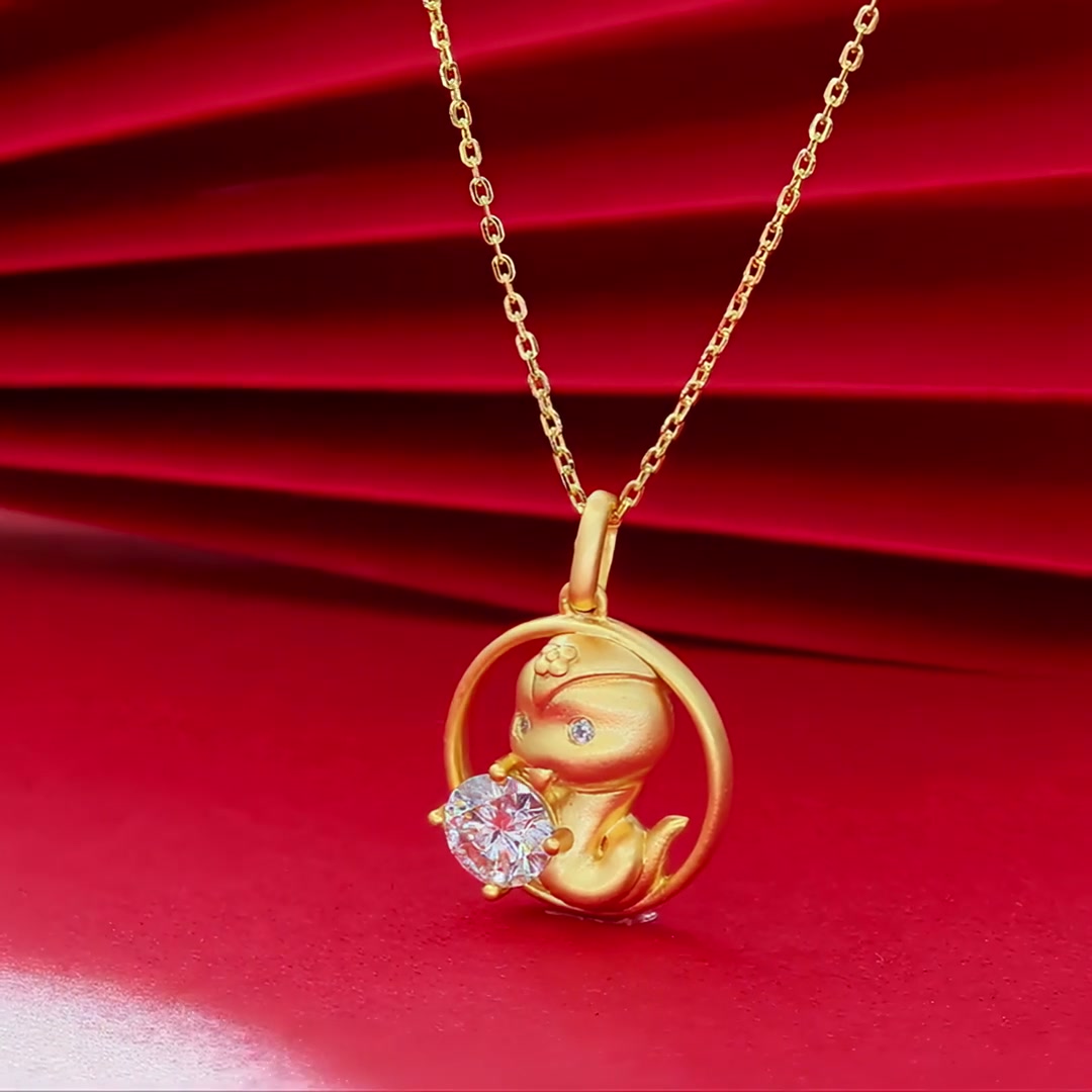 Snake Zodiac Moissanite Pendant | Ancient Crafted Moissanite Necklace, 22K Gold Plated product video thumbnail