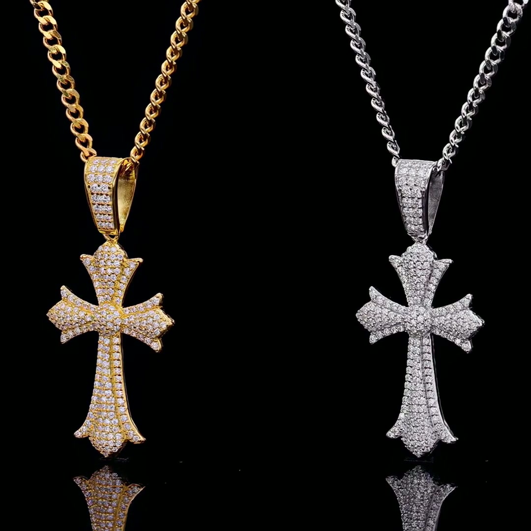 Men's Moissanite Cross Pendant Necklace | Vintage Pave Design | Gold Plated Options product video thumbnail