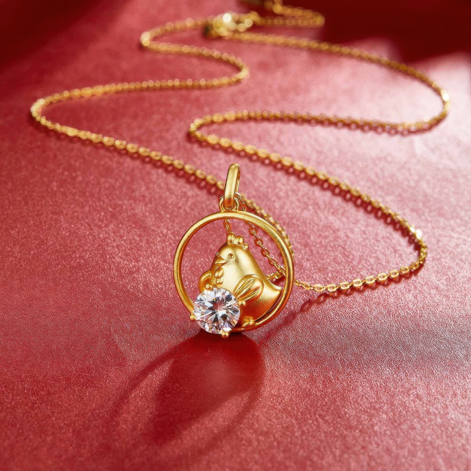 Chinese Zodiac Rooster Moissanite Pendant Necklace | 925 Silver 22K Gold Plated Antique Pendant - Image 2
