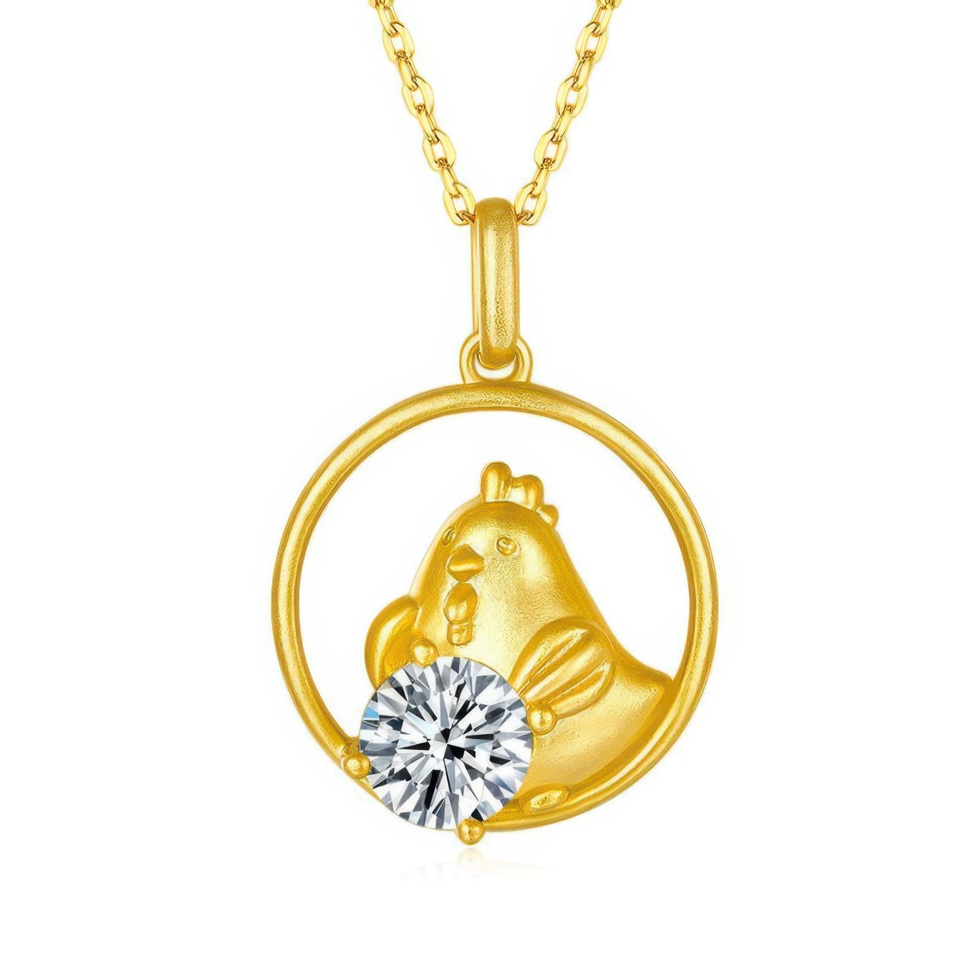 Chinese Zodiac Rooster Moissanite Pendant Necklace | 925 Silver 22K Gold Plated Antique Pendant