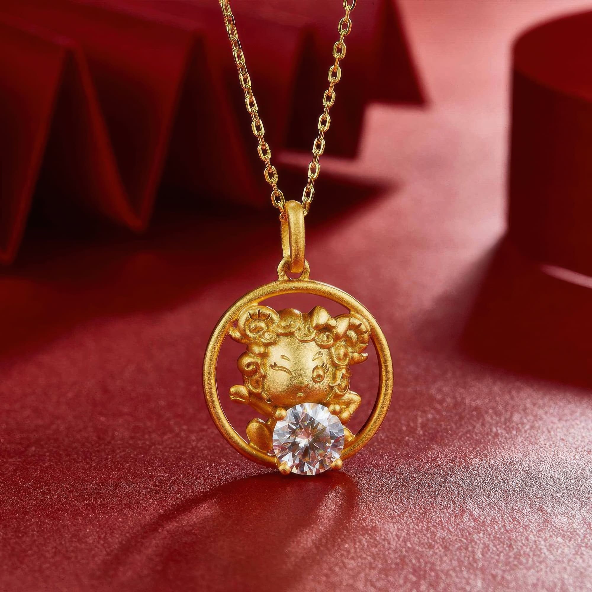Chinese Zodiac Sheep Moissanite Pendant | 22K Gold Plated 925 Silver | Antique Style Charm - Image 3