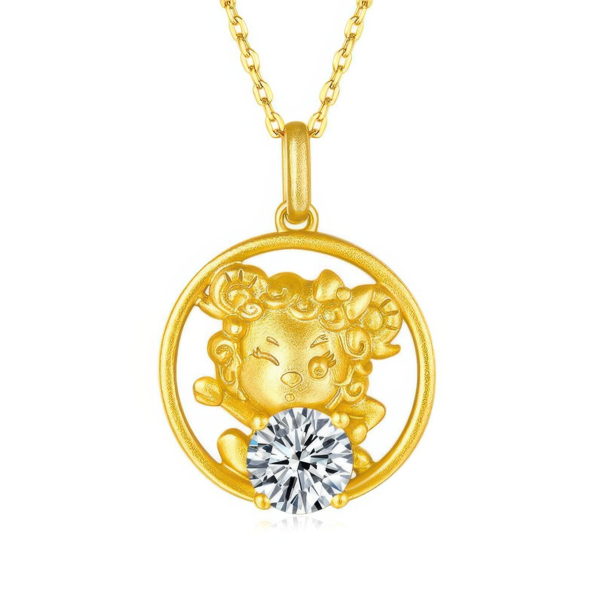 Chinese Zodiac Sheep Moissanite Pendant | 22K Gold Plated 925 Silver | Antique Style Charm
