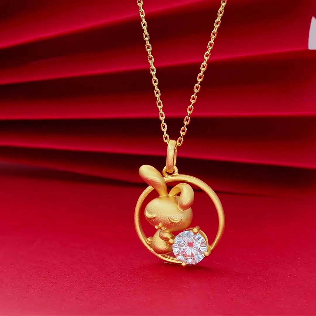 Chinese Zodiac Rabbit Moissanite Pendant | 22K Gold Plated 925 Silver | Lucky Charm product video thumbnail