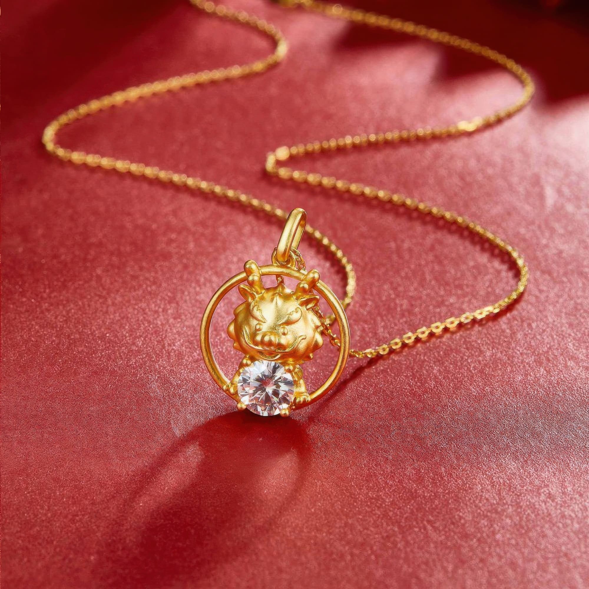 Chinese Zodiac Dragon Moissanite Necklace | 22K Gold Plated 925 Silver | Ancient Design Pendant - Image 2