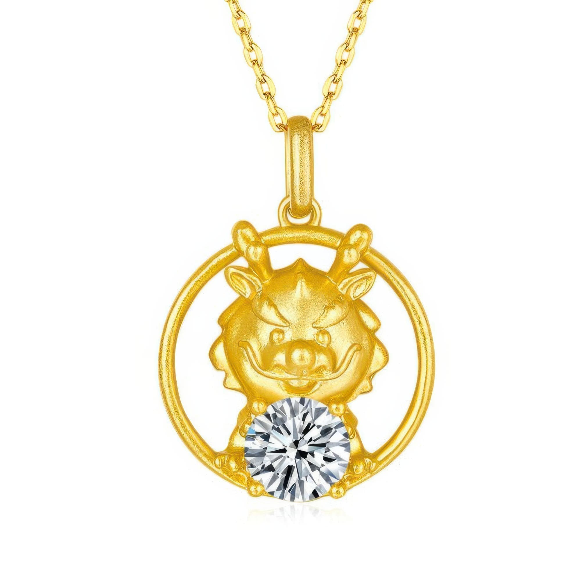 Chinese Zodiac Dragon Moissanite Necklace | 22K Gold Plated 925 Silver | Ancient Design Pendant