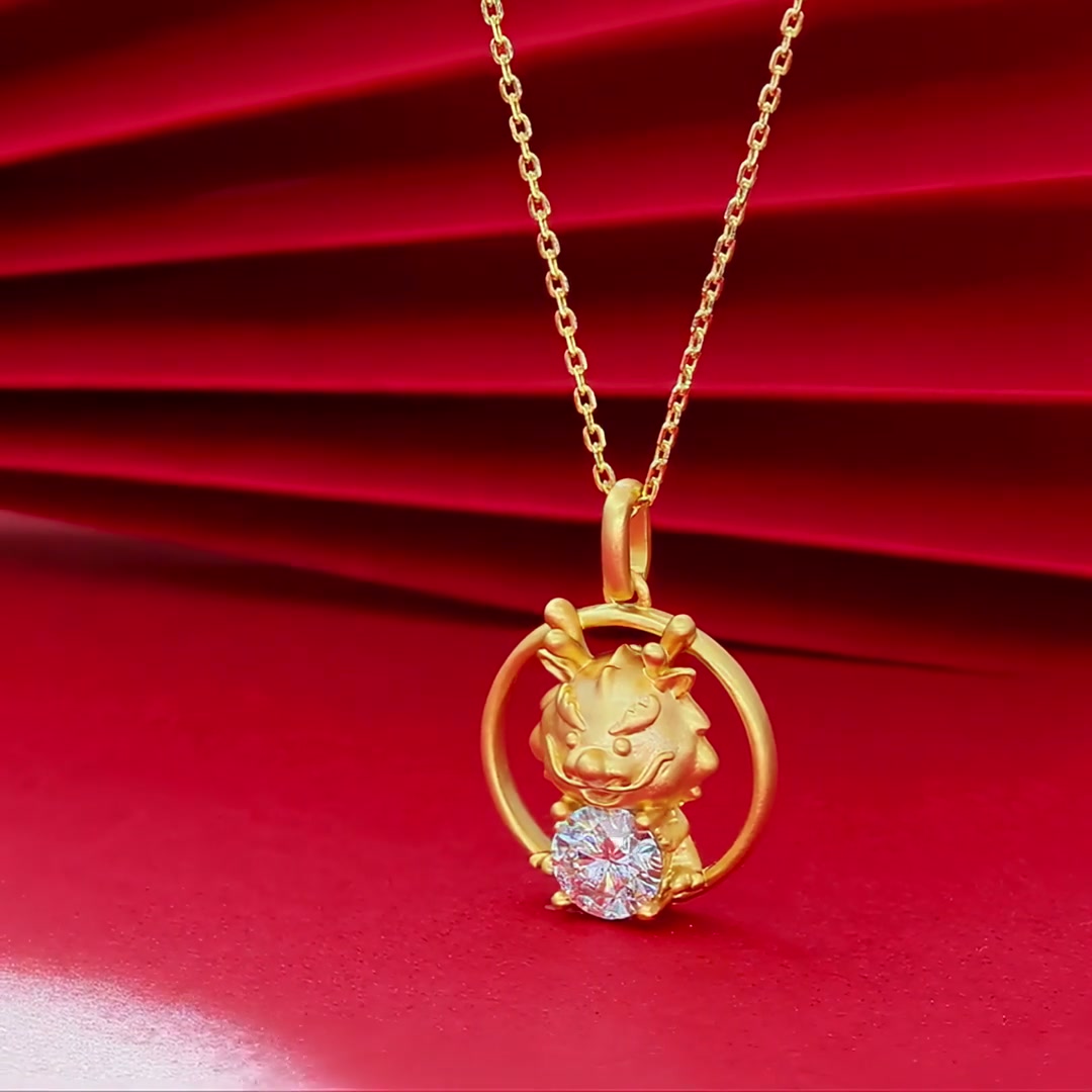 Chinese Zodiac Dragon Moissanite Necklace | 22K Gold Plated 925 Silver | Ancient Design Pendant product video thumbnail