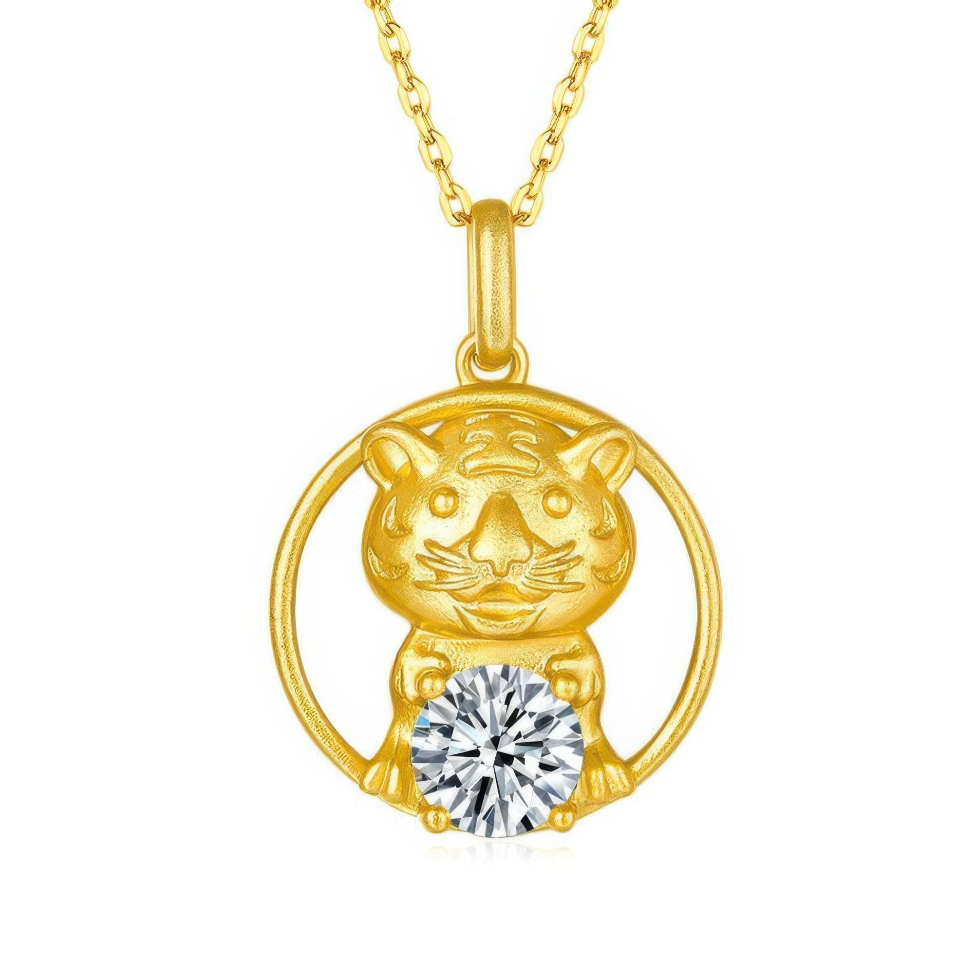 Chinese Zodiac Tiger Moissanite Pendant Necklace | 22K Gold Plated 925 Silver | Luxury Gift