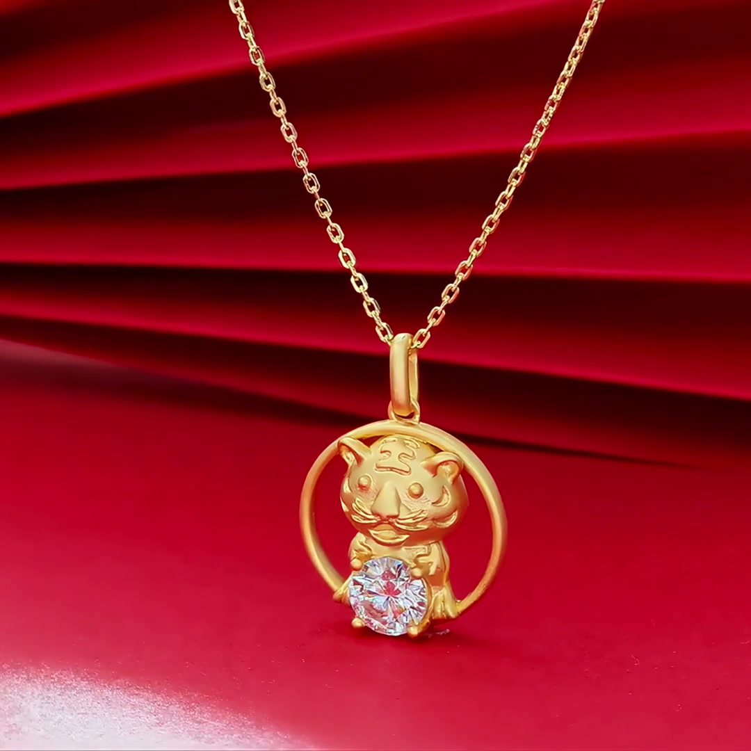 Chinese Zodiac Tiger Moissanite Pendant Necklace | 22K Gold Plated 925 Silver | Luxury Gift product video thumbnail