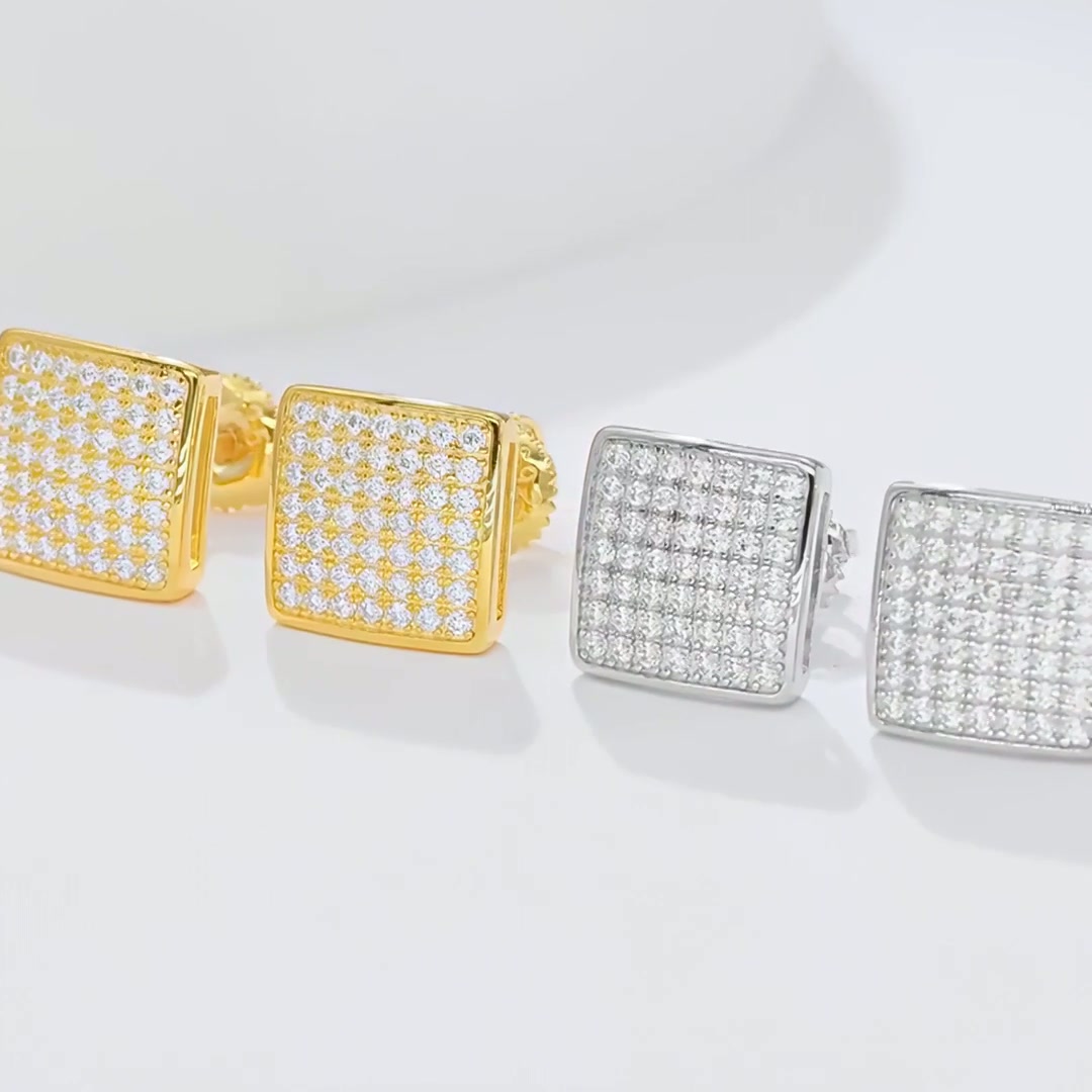 Geometric Moissanite Stud Earrings | Hip-Hop Pave Square Design | 925 Sterling Silver product video thumbnail