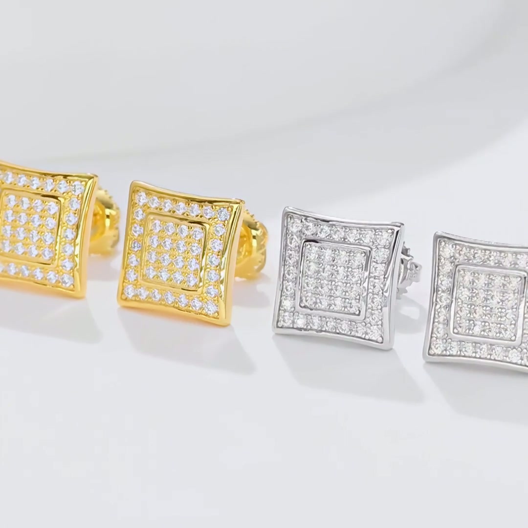 Hip Hop Square Moissanite Stud Earrings | Iced Out 925 Silver | Unisex Geometric Design product video thumbnail