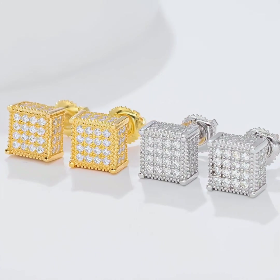 Hip Hop Square Moissanite Stud Earrings | 925 Sterling Silver Geometric Unisex Jewelry product video thumbnail