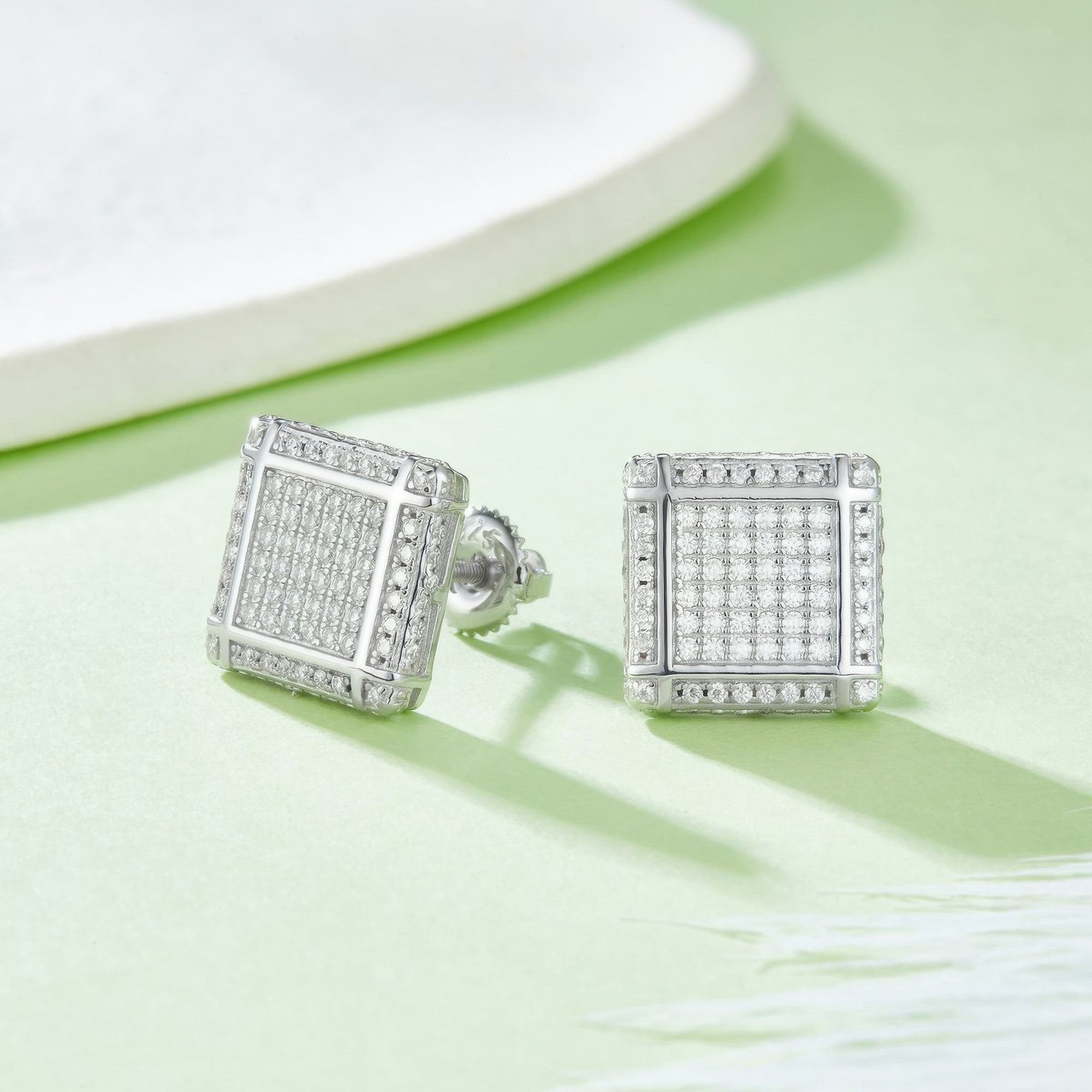 925 Silver Square Moissanite Stud Earrings | Geometric Grid Pattern Hip-Hop Design - alternate view