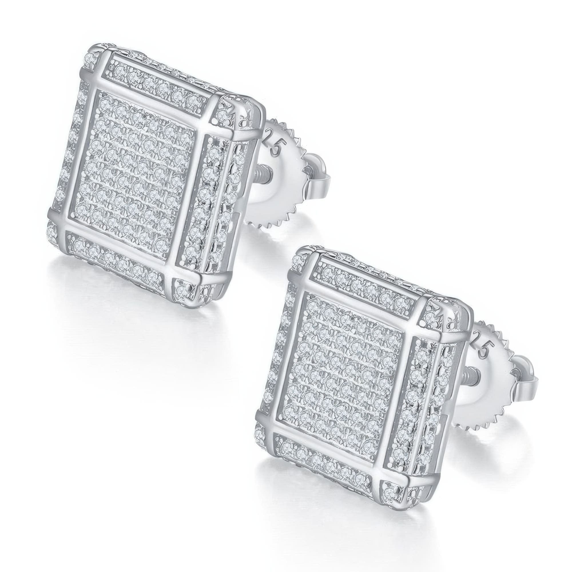 925 Silver Square Moissanite Stud Earrings | Geometric Grid Pattern Hip-Hop Design