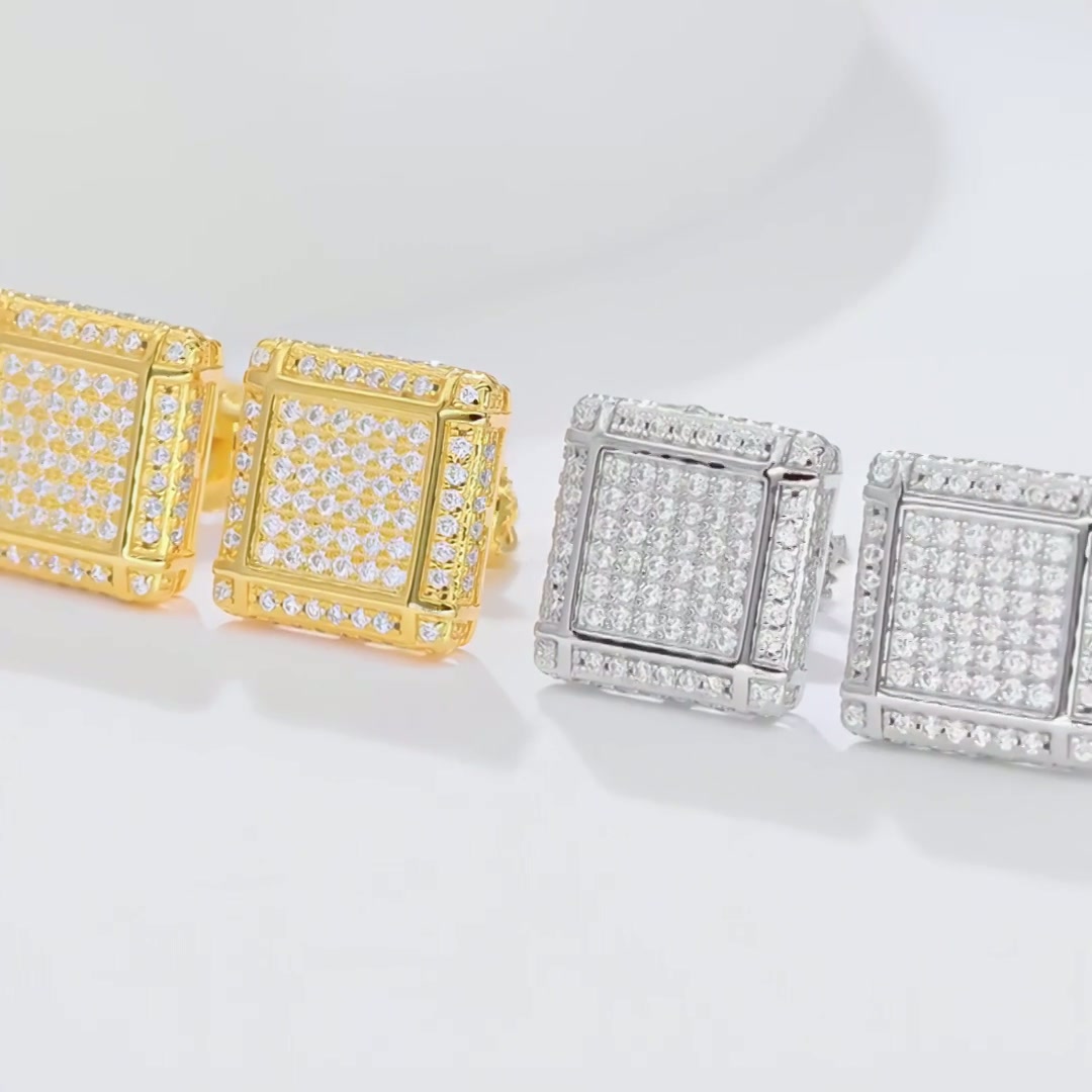 925 Silver Square Moissanite Stud Earrings | Geometric Grid Pattern Hip-Hop Design product video thumbnail