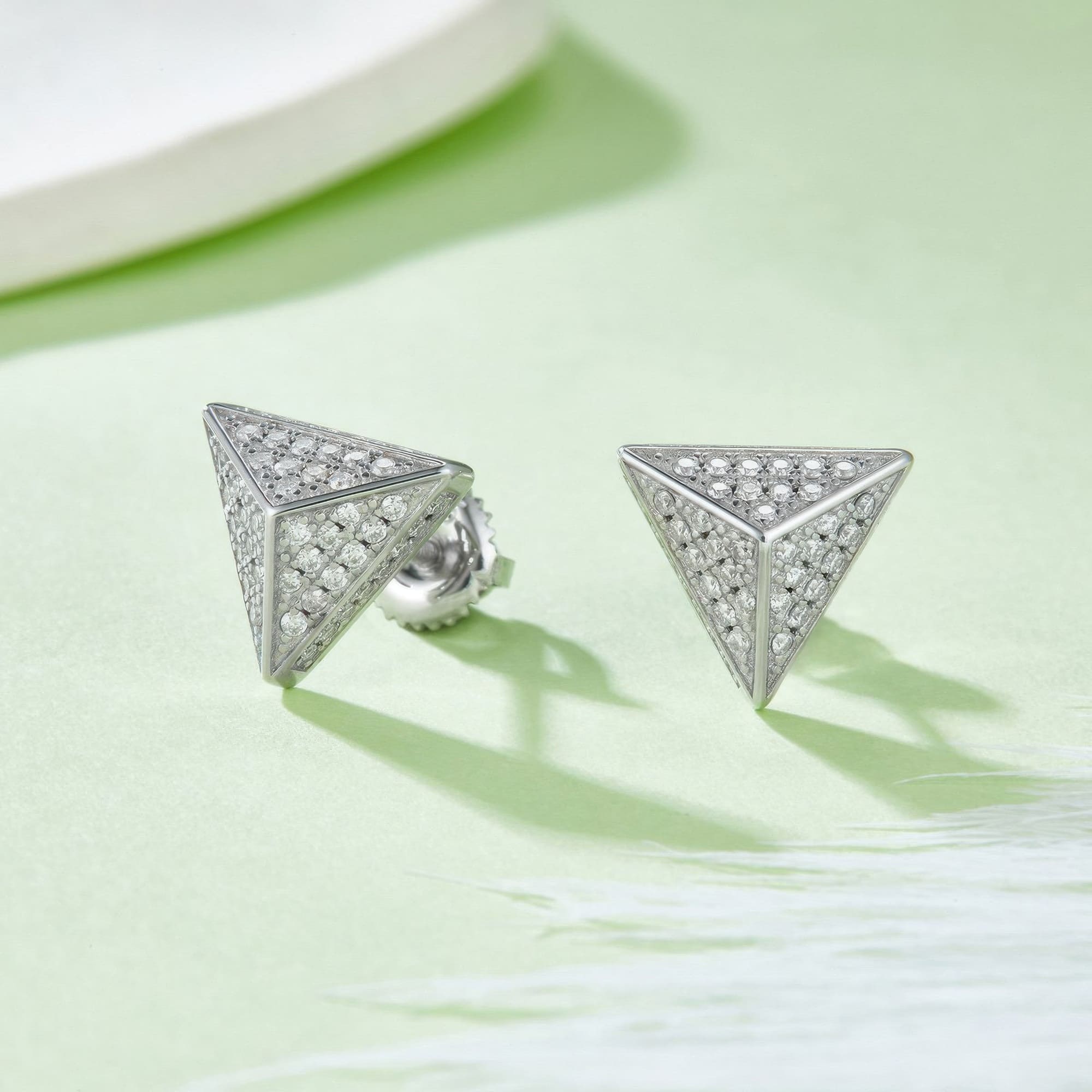 Triangle Moissanite Stud Earrings | Hip-Hop Geometric Pave 925 Silver - alternate view