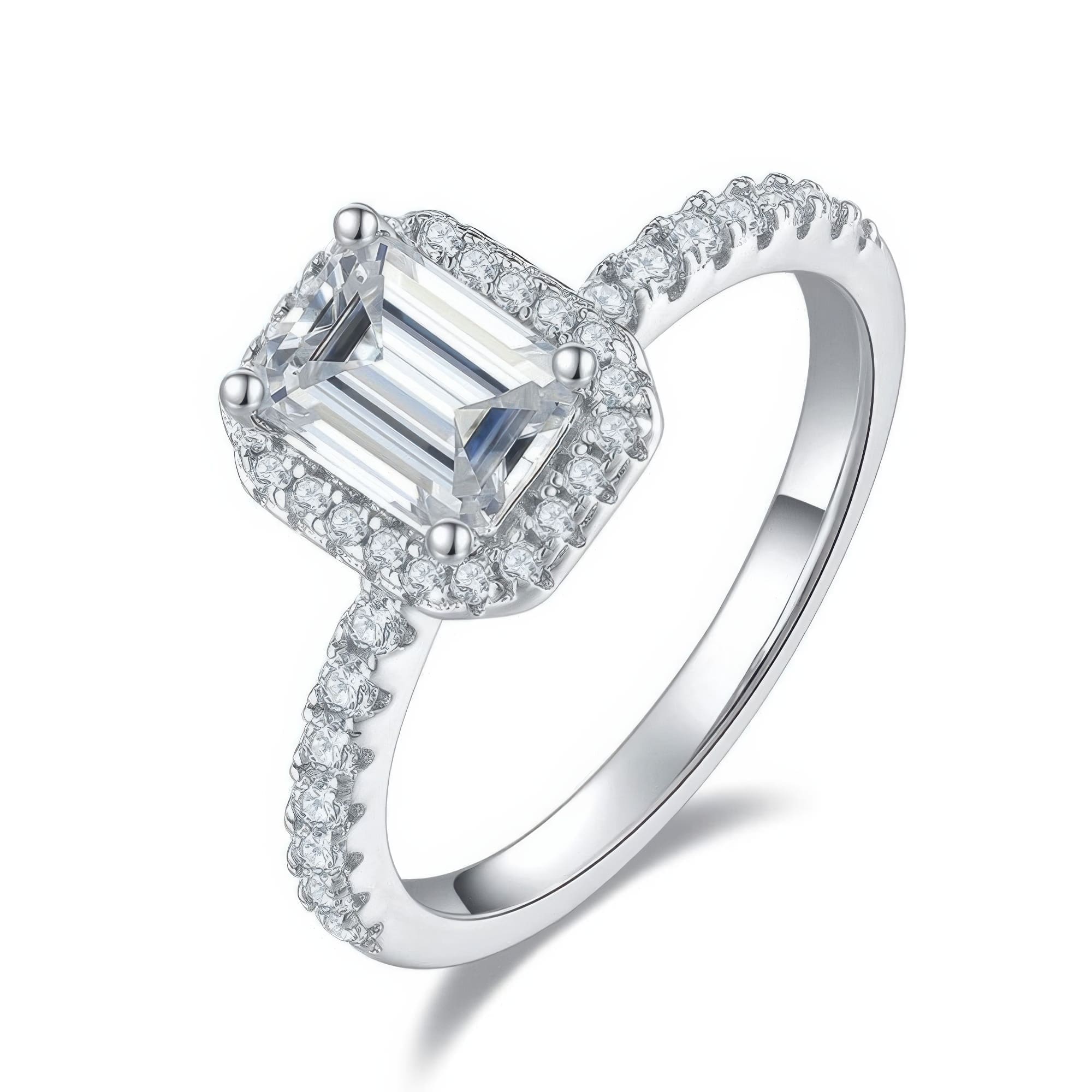 Emerald Cut Moissanite Ring | 1CT D Color 925 Silver Pave Setting