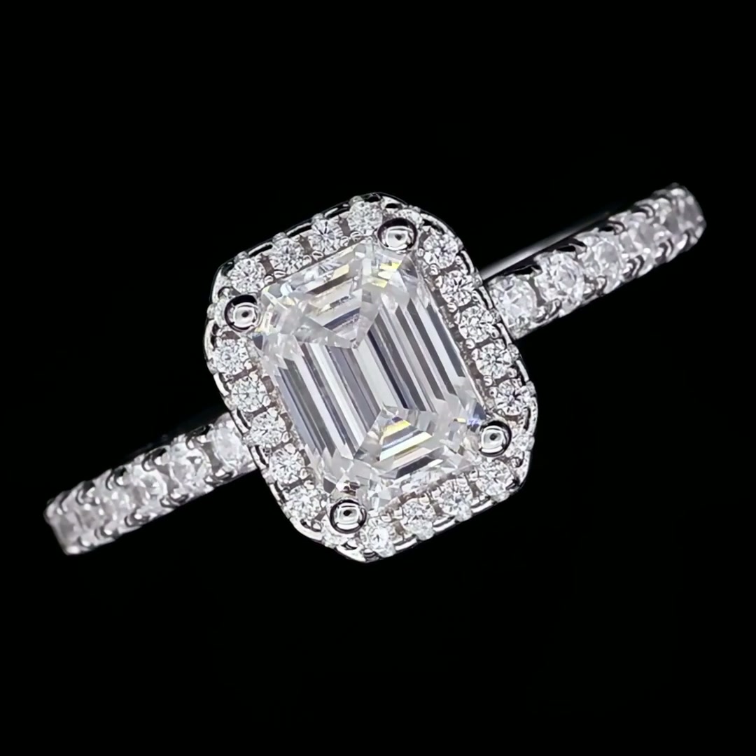 Emerald Cut Moissanite Ring | 1CT D Color 925 Silver Pave Setting product video thumbnail