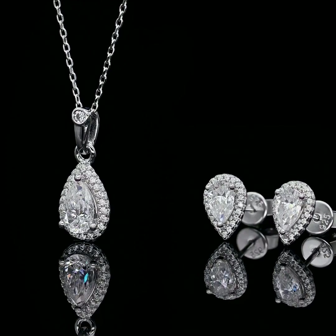 Pear Moissanite Necklace Earring Set, 2CT D-Color NGTC Certified, 925 Sterling Silver product video thumbnail