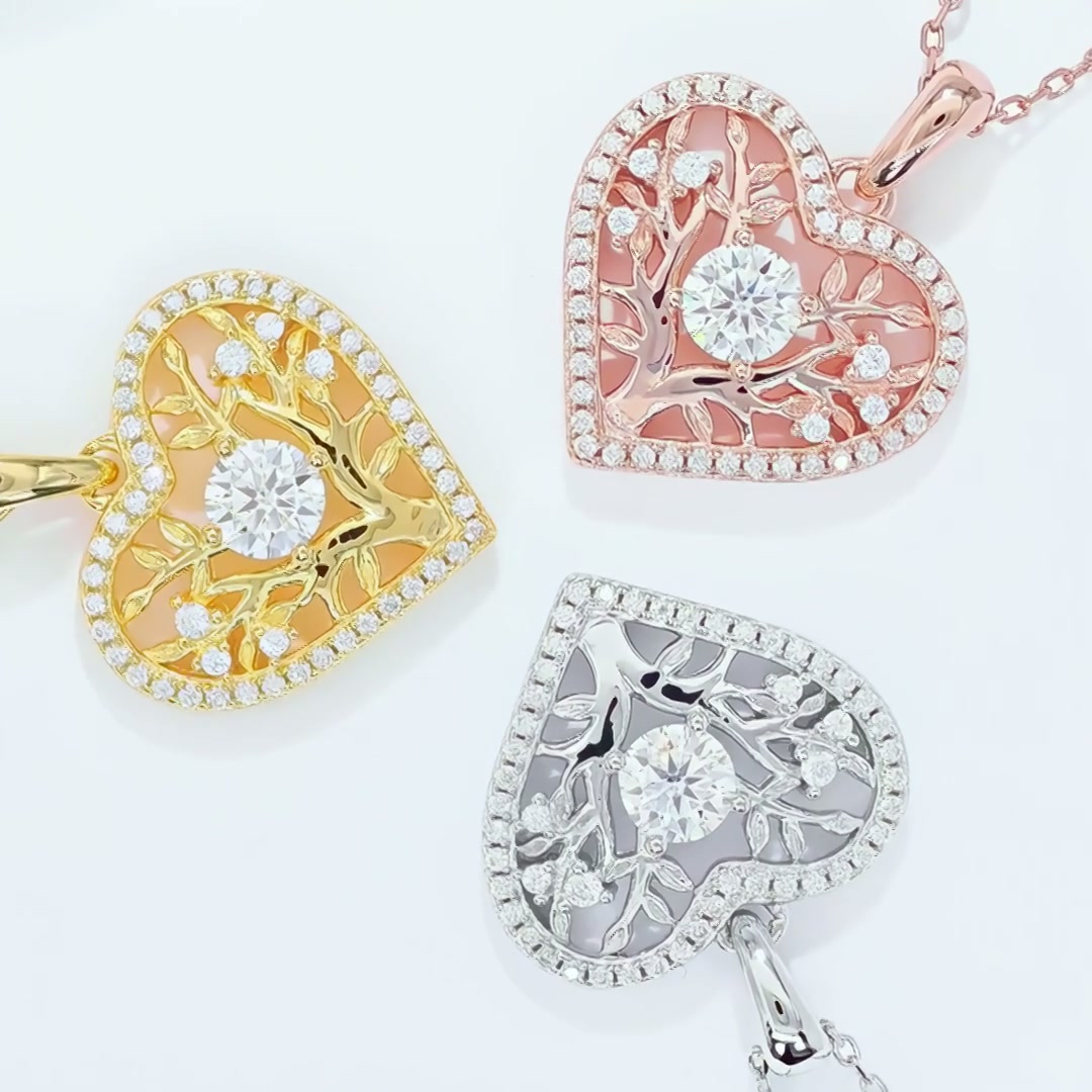 Tree of Life Heart Moissanite Pendant Necklace | 925 Sterling Silver | 3 Gold Colors Available product video thumbnail