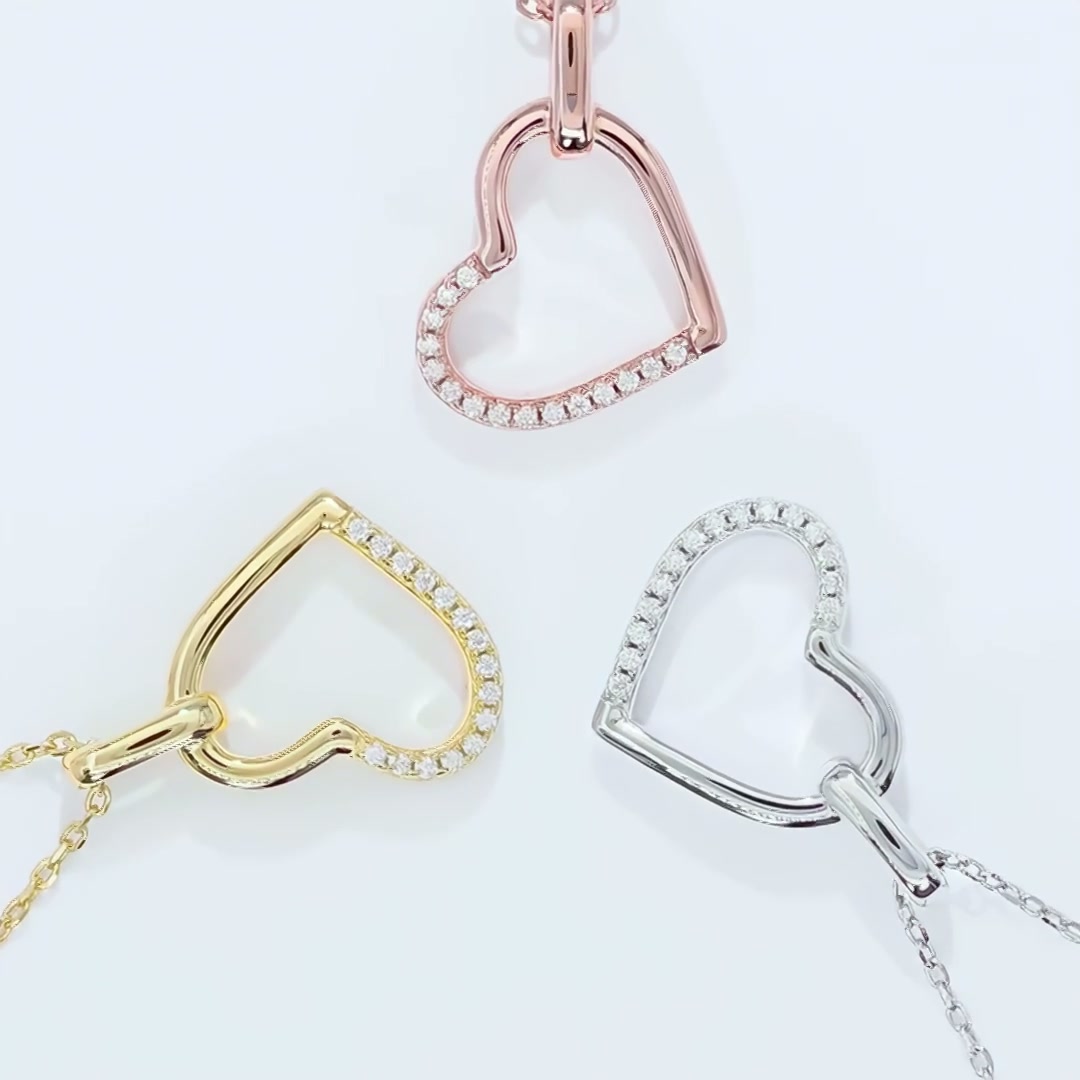 Dainty Heart Moissanite Pendant Necklace in 925 Sterling Silver, Three-Tone Gold Options product video thumbnail