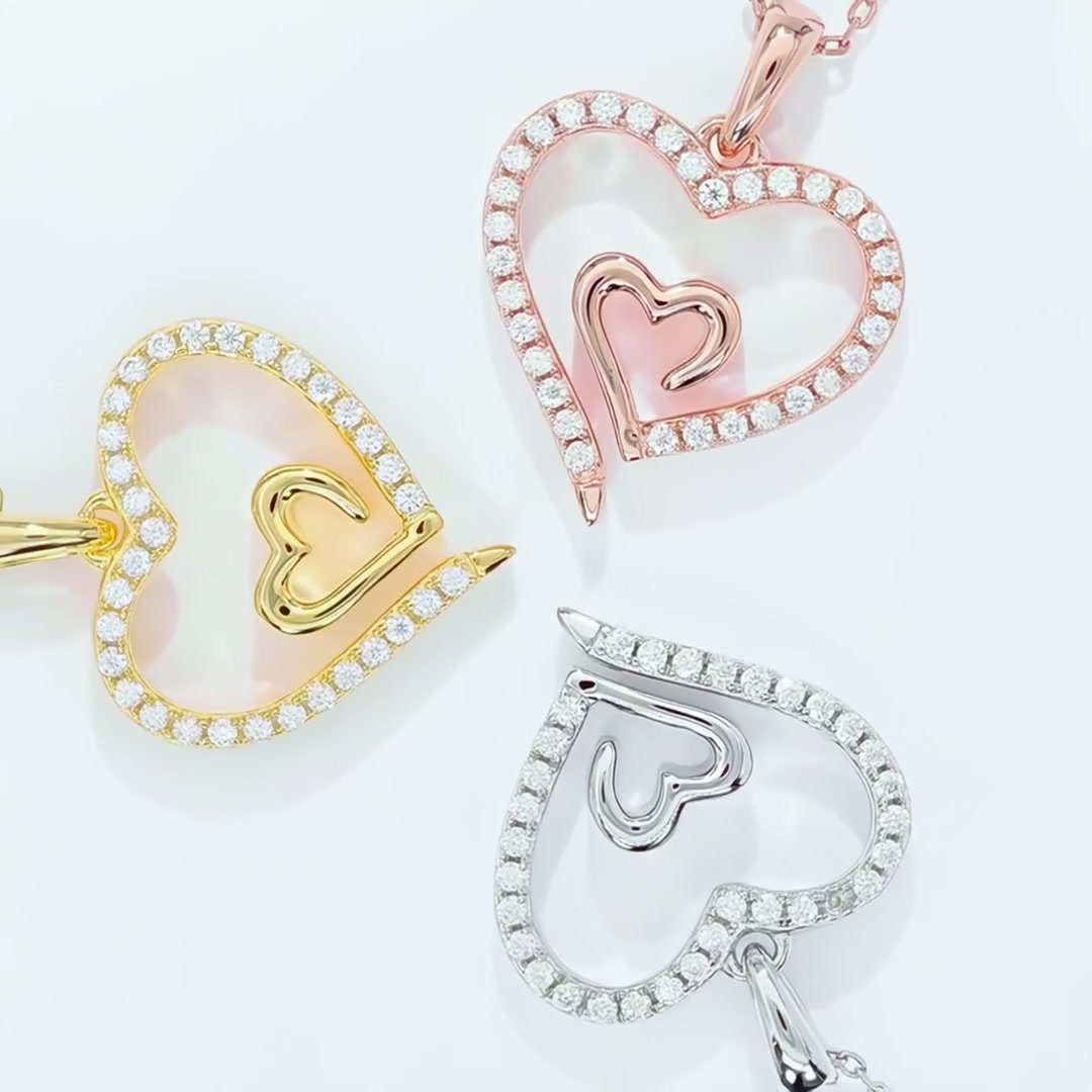 Double Heart Pendant Necklace in Sterling Silver | Romantic Love Design (3 Colors) product video thumbnail