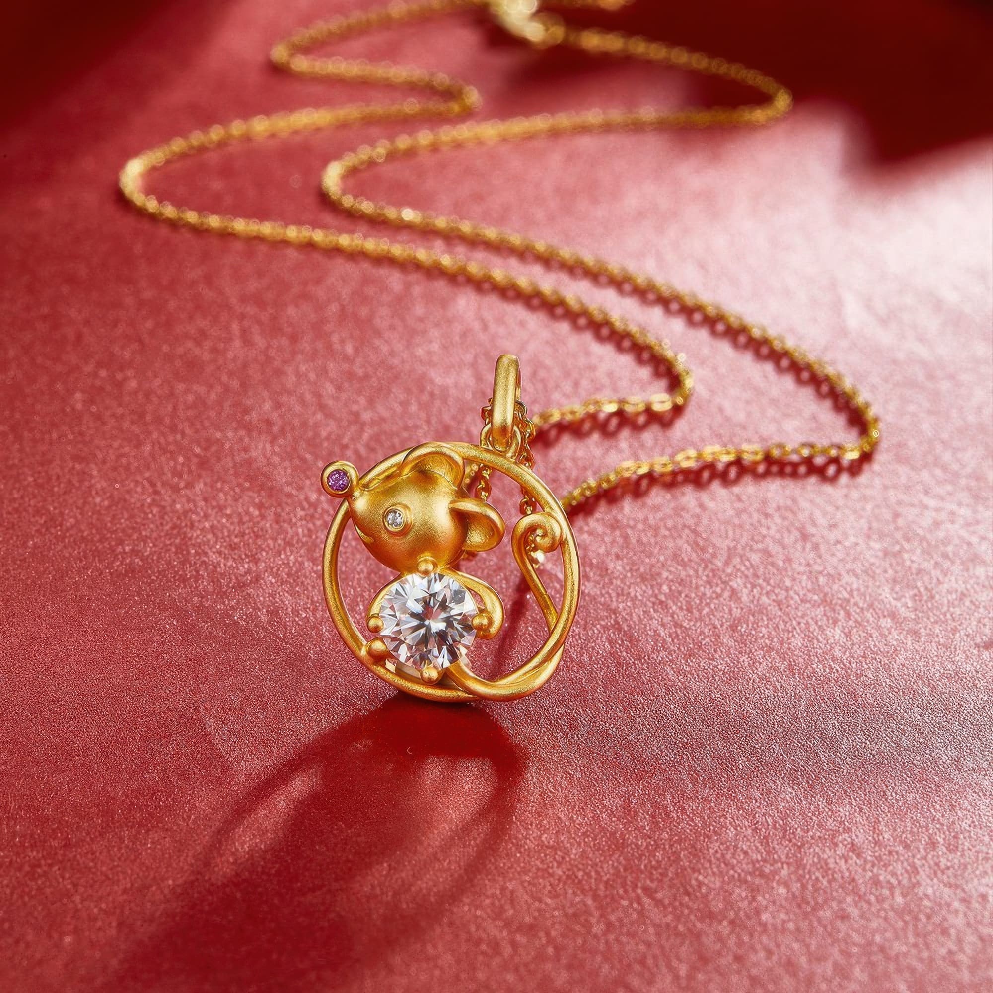 Chinese Zodiac Rat Moissanite Pendant 925 Silver | 22K Gold Plated Zodiac Animal Charm Necklace - alternate view
