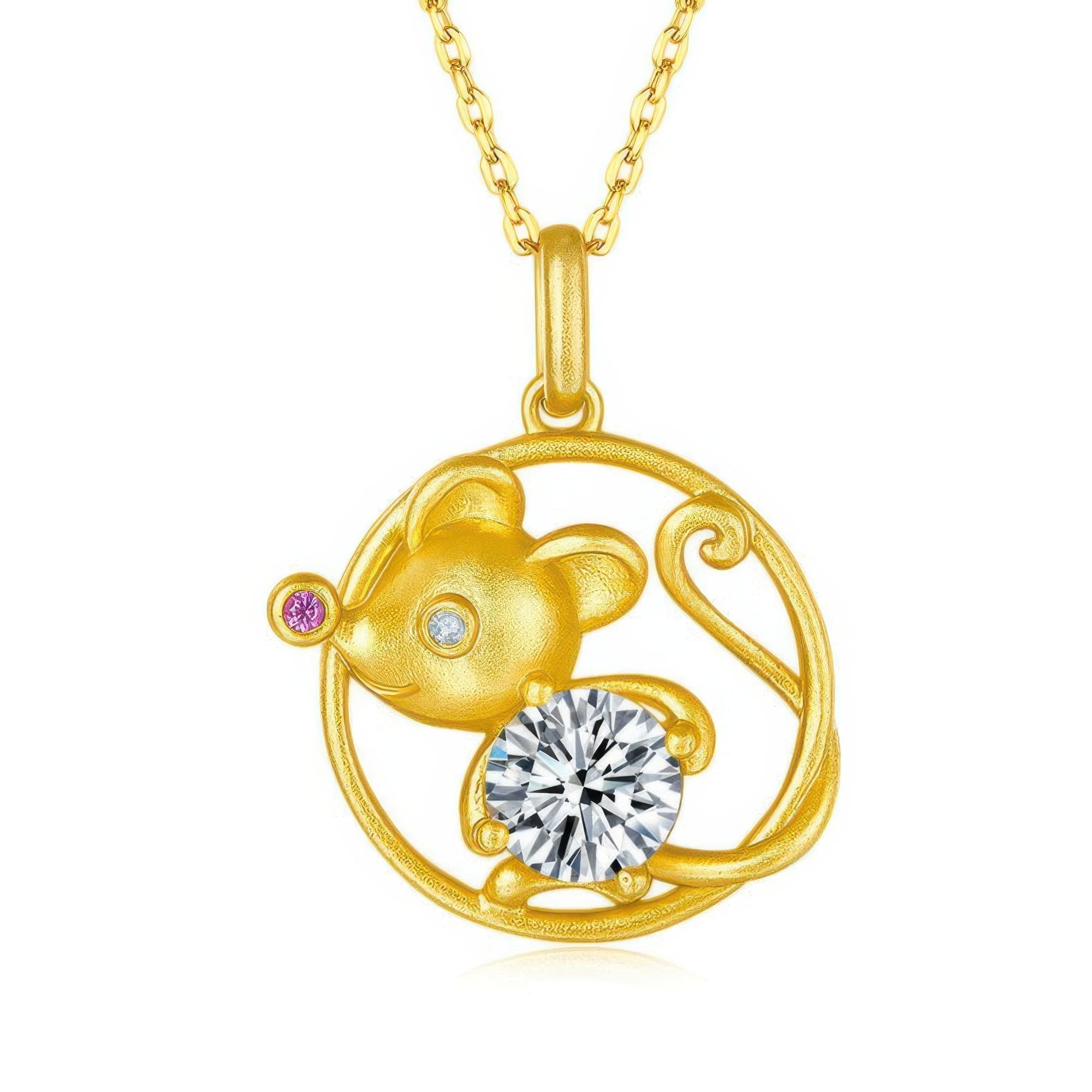 Chinese Zodiac Rat Moissanite Pendant 925 Silver | 22K Gold Plated Zodiac Animal Charm Necklace