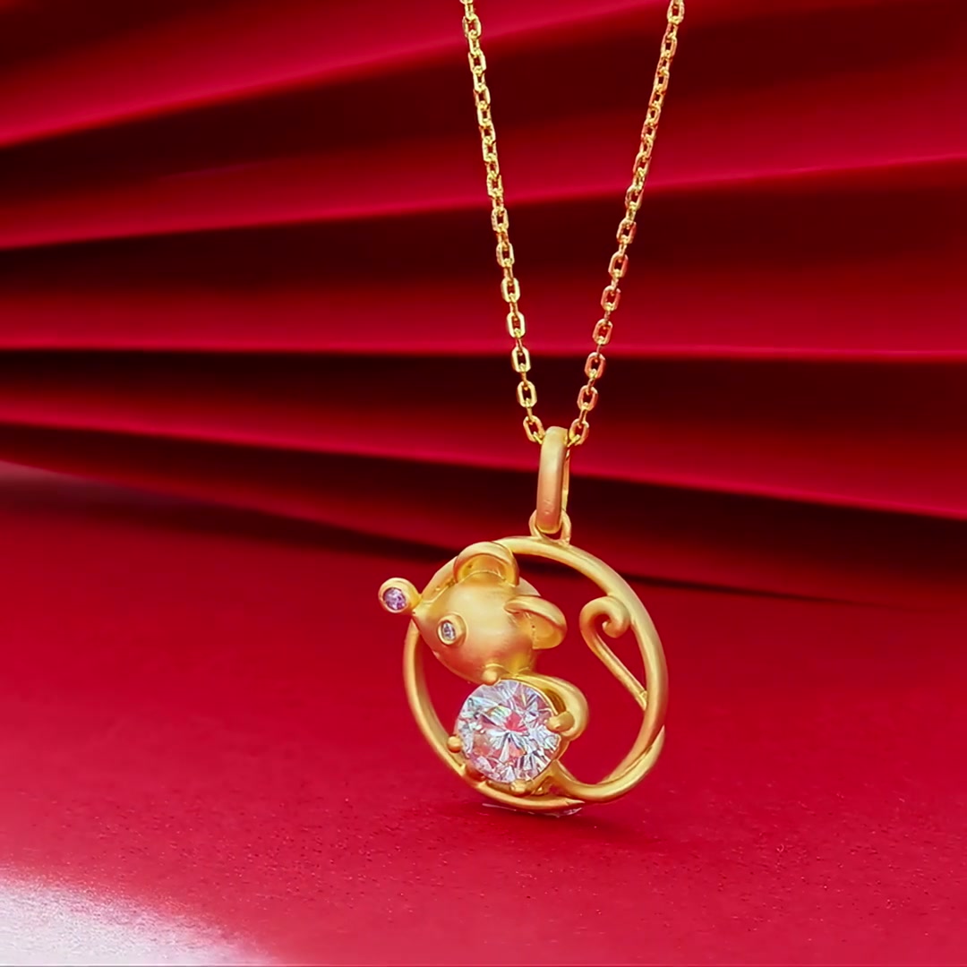 Chinese Zodiac Rat Moissanite Pendant 925 Silver | 22K Gold Plated Zodiac Animal Charm Necklace product video thumbnail