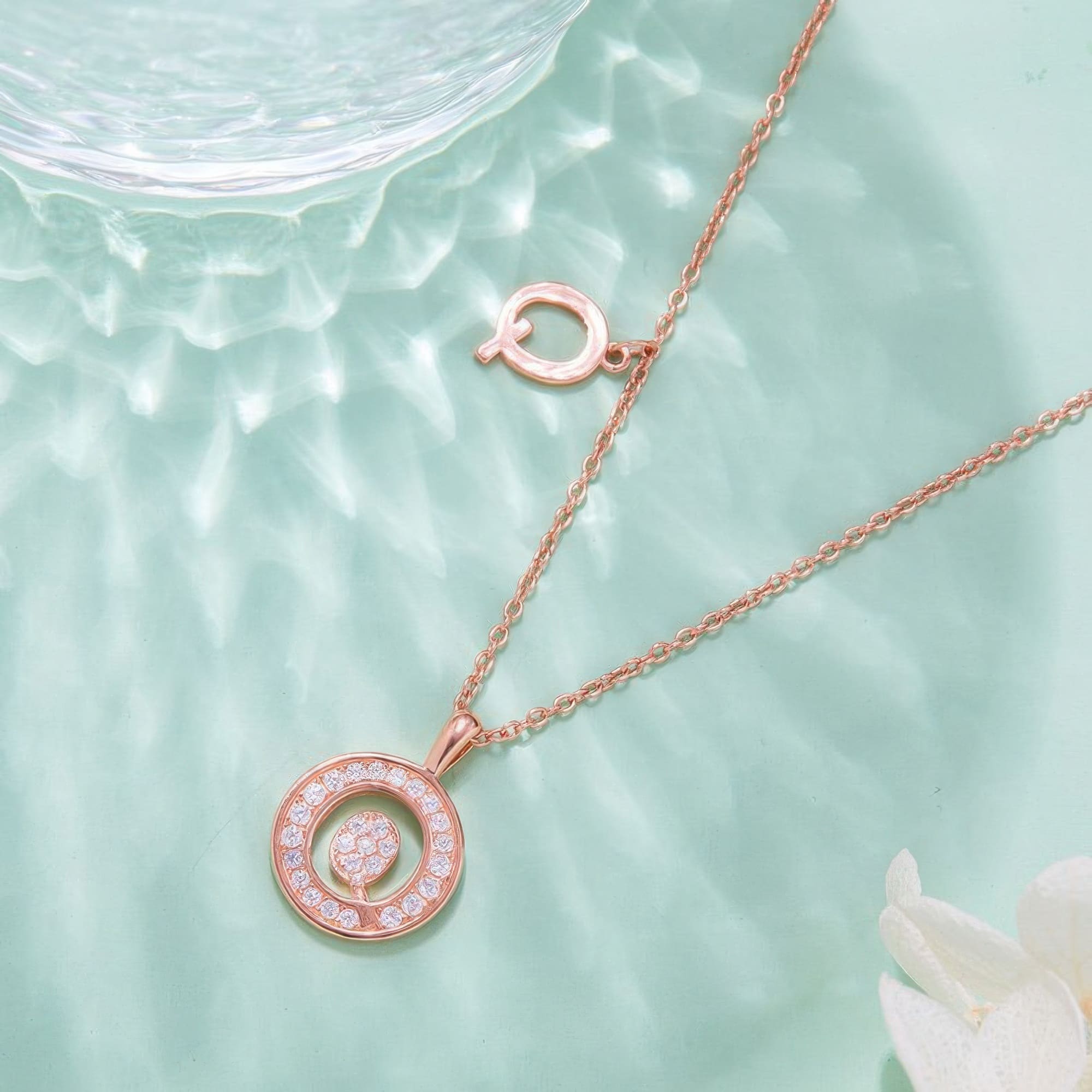 Dainty Initial Q Moissanite Necklace | 925 Sterling Silver Rose Gold Plated Initial Pendant - alternate view