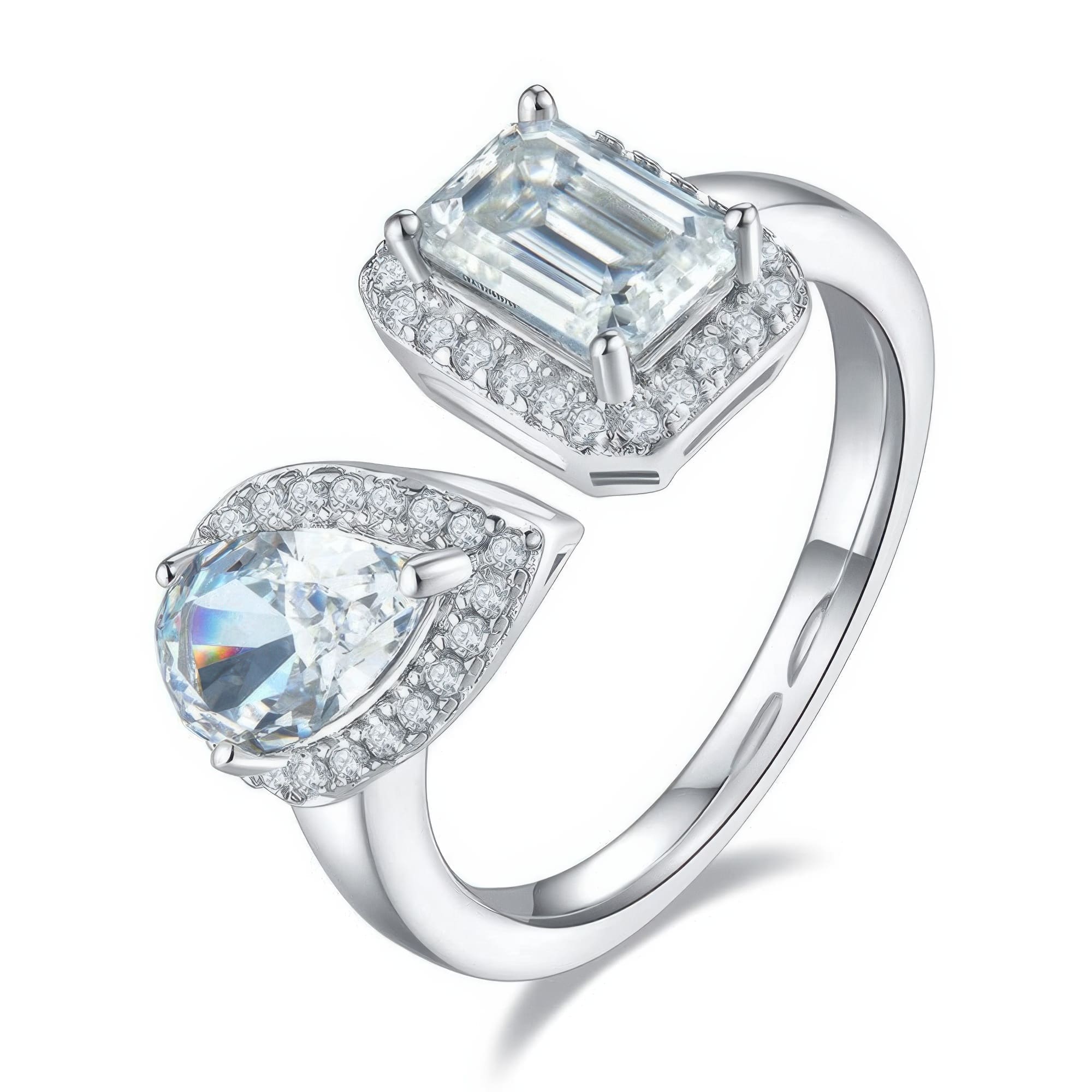 925 Silver Double Stone Moissanite Ring | Crown Design with Emerald & Pear Cut