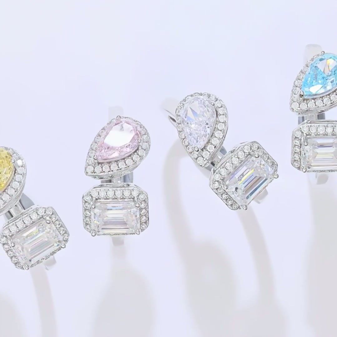 925 Silver Double Stone Moissanite Ring | Crown Design with Emerald & Pear Cut product video thumbnail