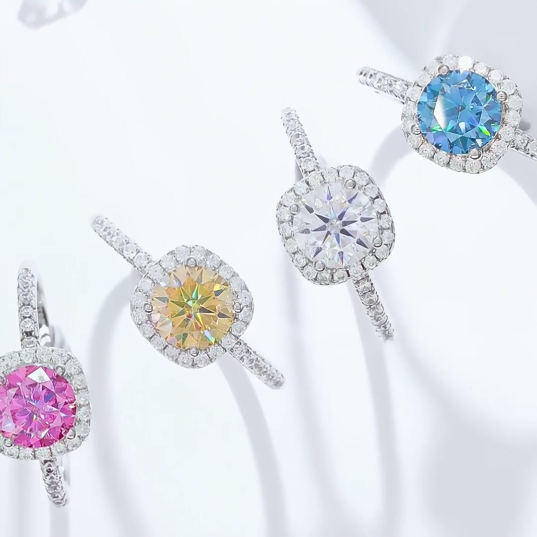 Square Moissanite Halo Ring 925 Silver | 1CT D Color Classic Micro Pave Wedding Band product video thumbnail