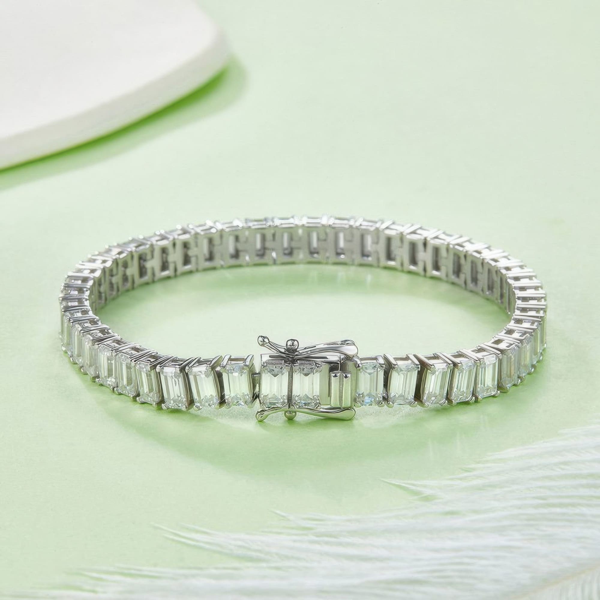 925 Silver Tennis Bracelet Moissanite Rectangle Cut | Elegant Pave Setting 0.50ct - alternate view