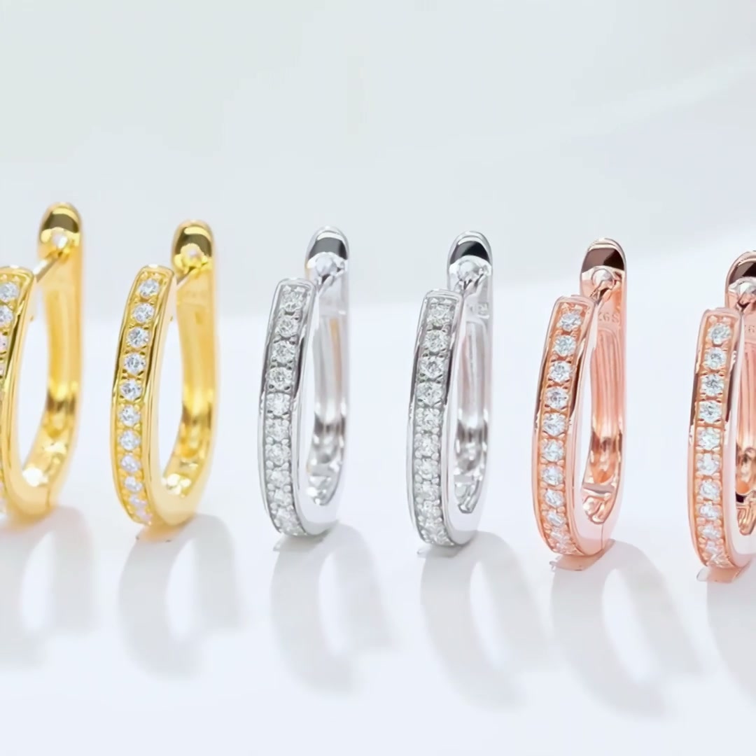 Dainty U-Shaped Moissanite Hoop Earrings | 925 Silver 18K Gold Plated Pave Setting product video thumbnail