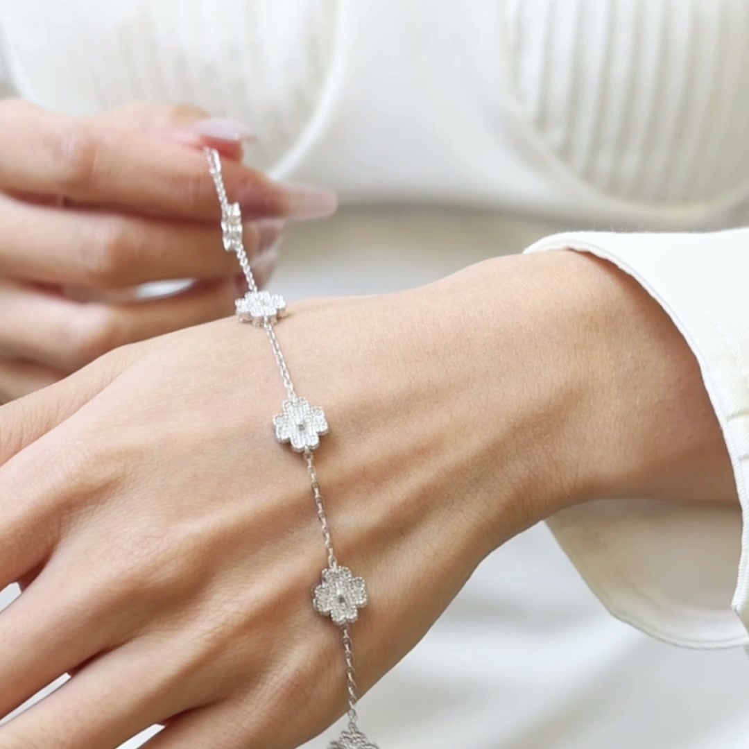 Five Clover Cluster Moissanite Bracelet - 925 Silver Adjustable Charm product video thumbnail