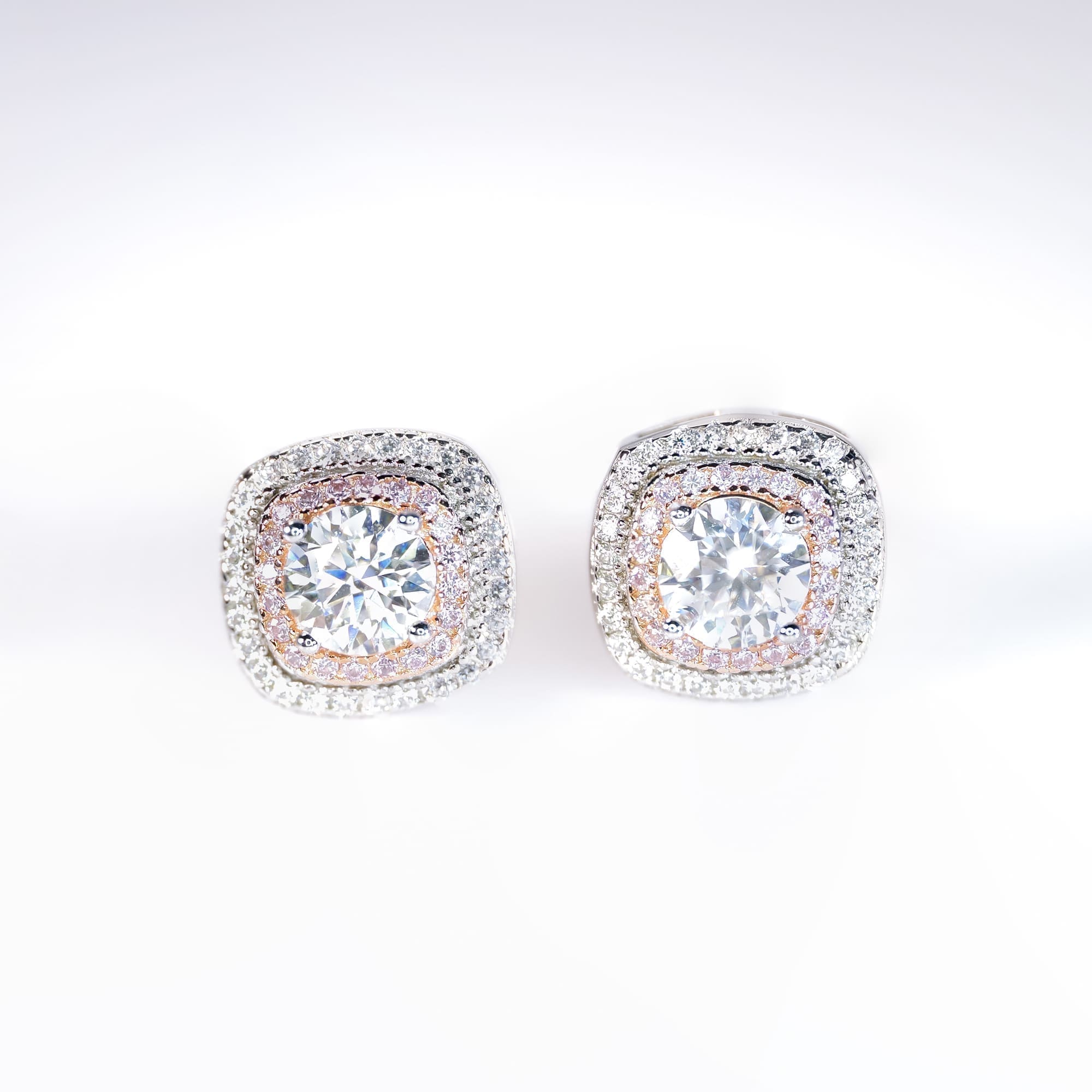 Pink Halo Moissanite Stud Earrings - 925 Silver with White Gold Plating, Art Deco Style